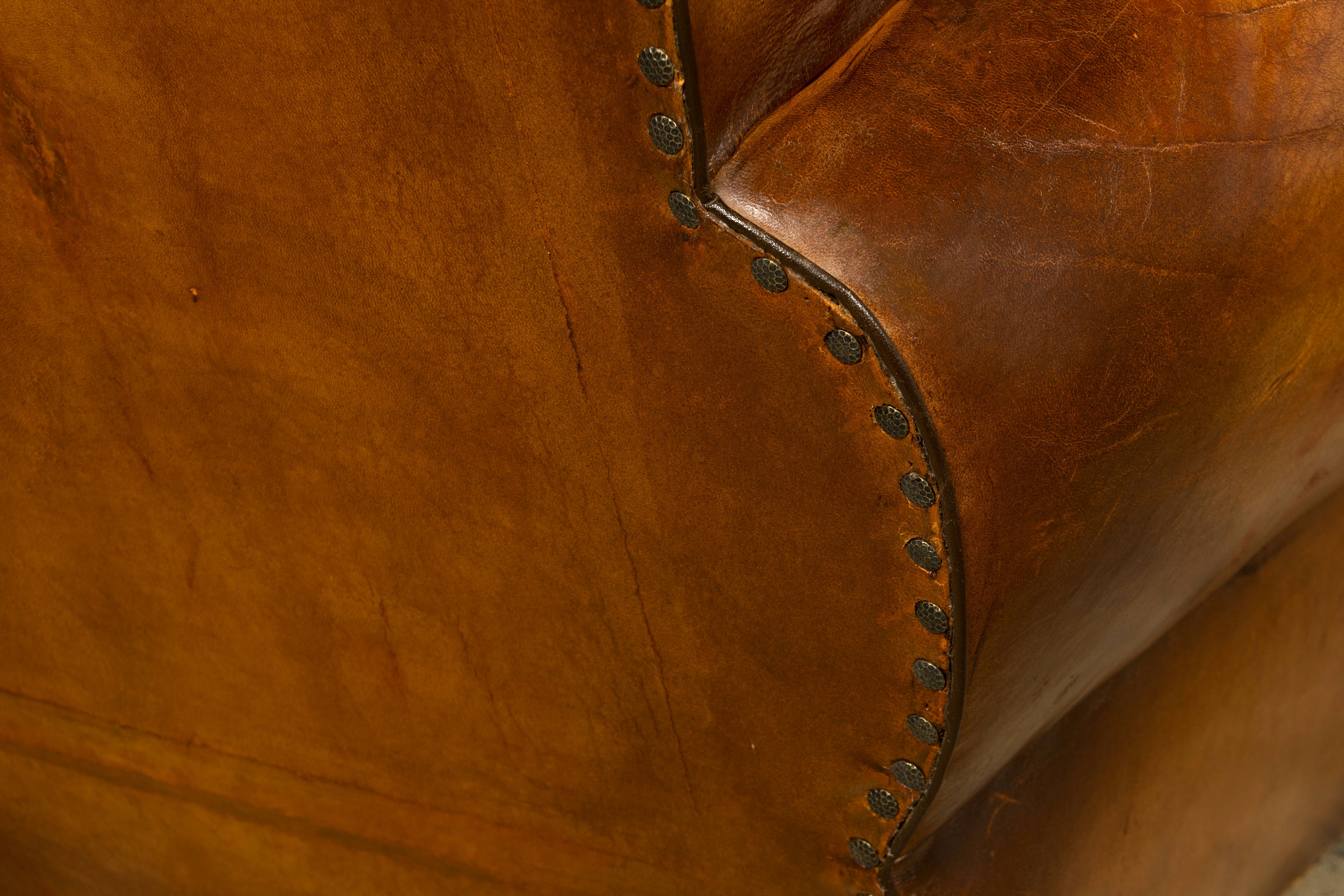 1920s French Art Deco Scalloped Back Cognac Leather Club Chairs – A Pair