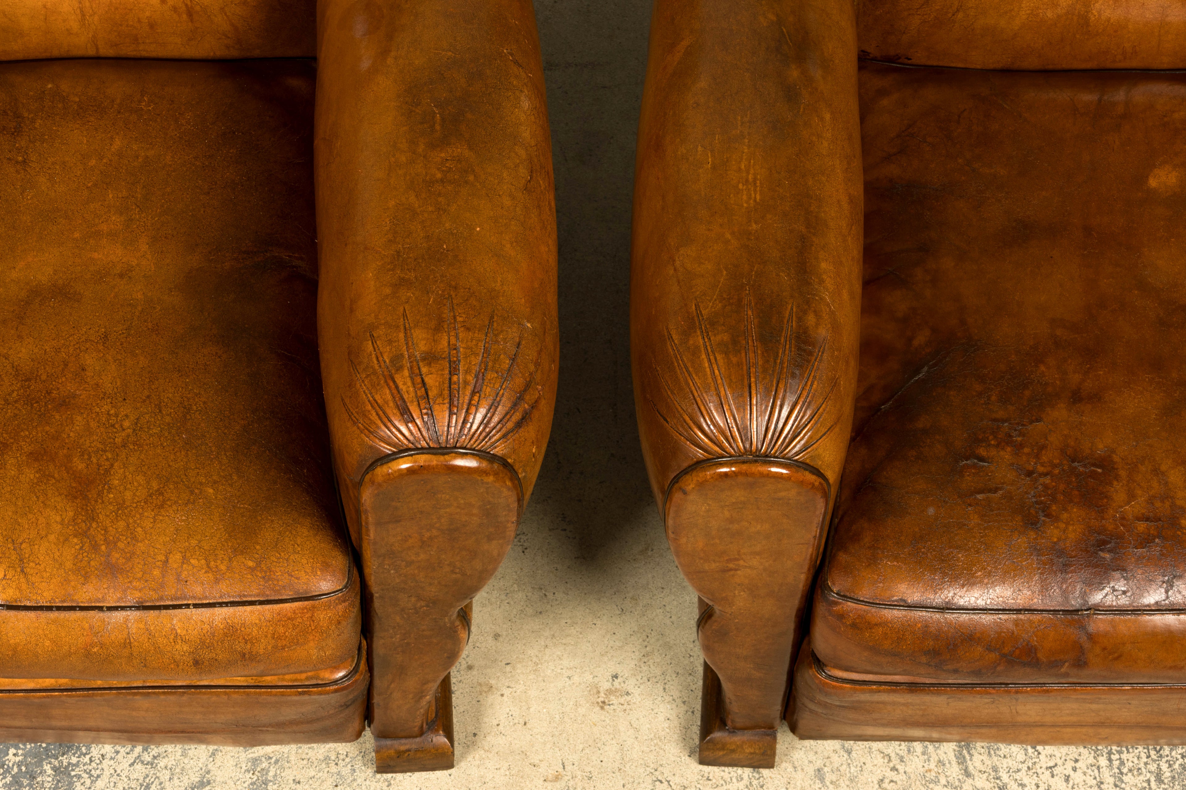 1920s French Art Deco Scalloped Back Cognac Leather Club Chairs – A Pair