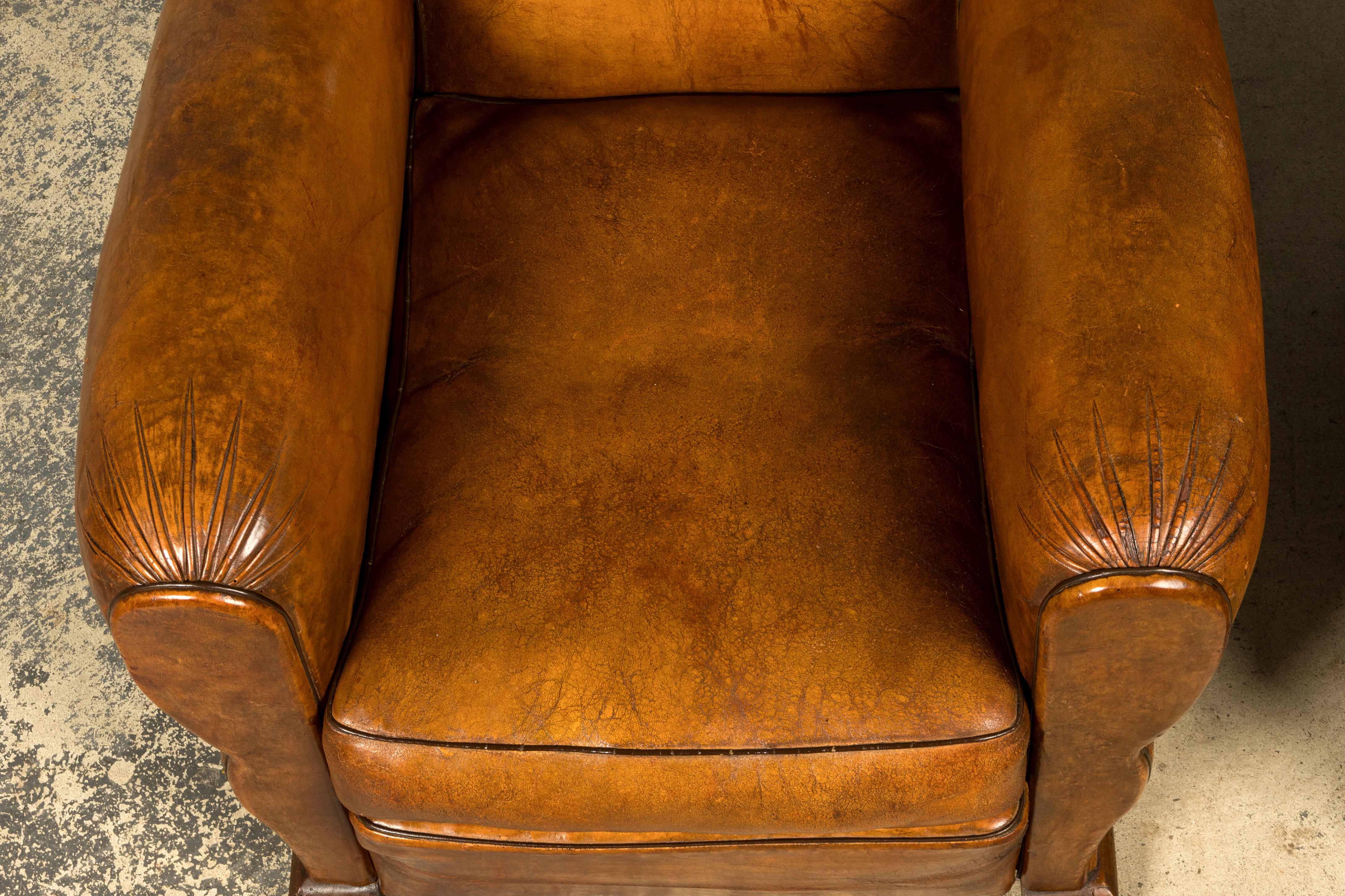 1920s French Art Deco Scalloped Back Cognac Leather Club Chairs – A Pair