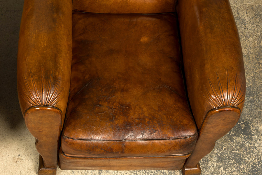 1920s French Art Deco Scalloped Back Cognac Leather Club Chairs – A Pair
