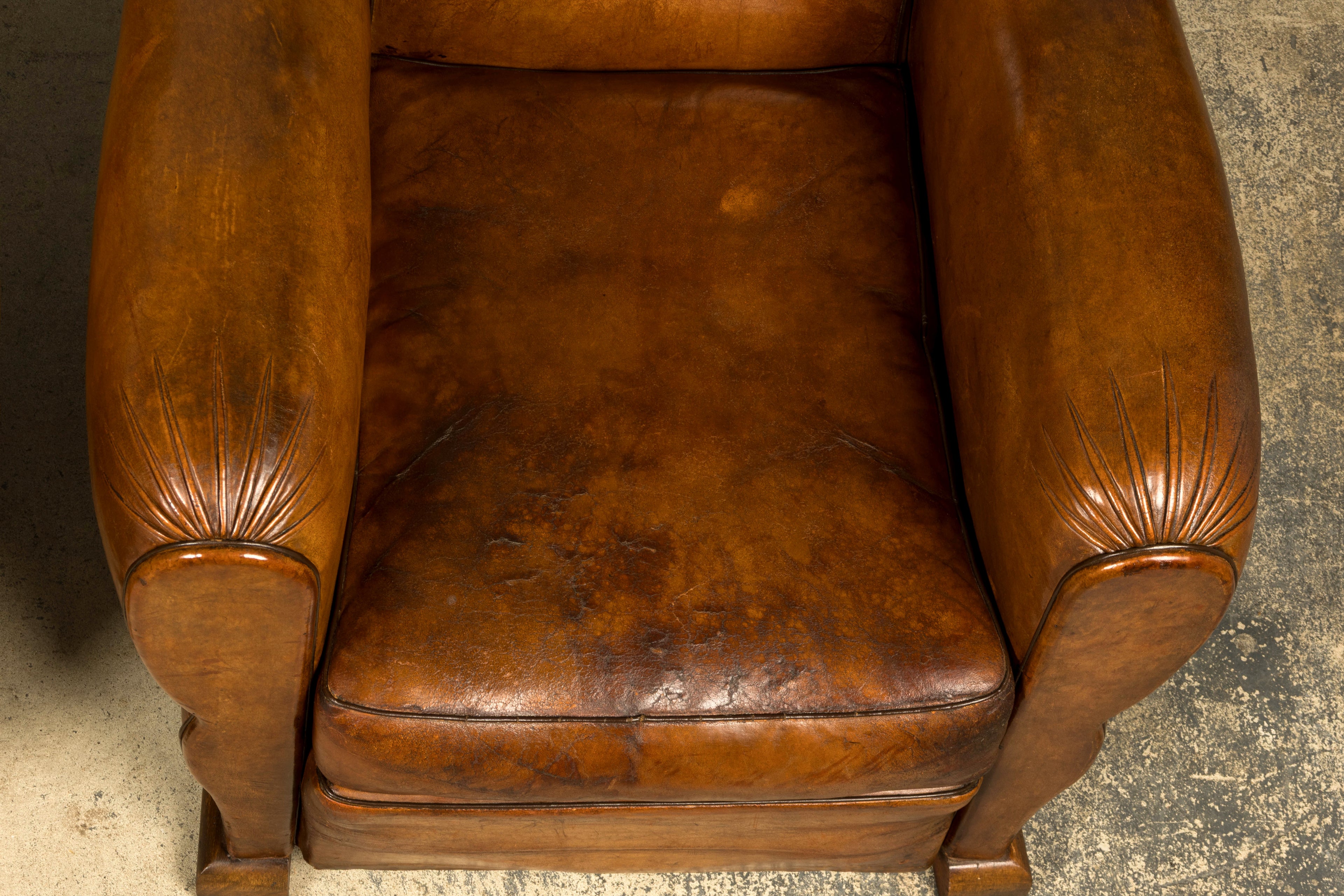 1920s French Art Deco Scalloped Back Cognac Leather Club Chairs – A Pair