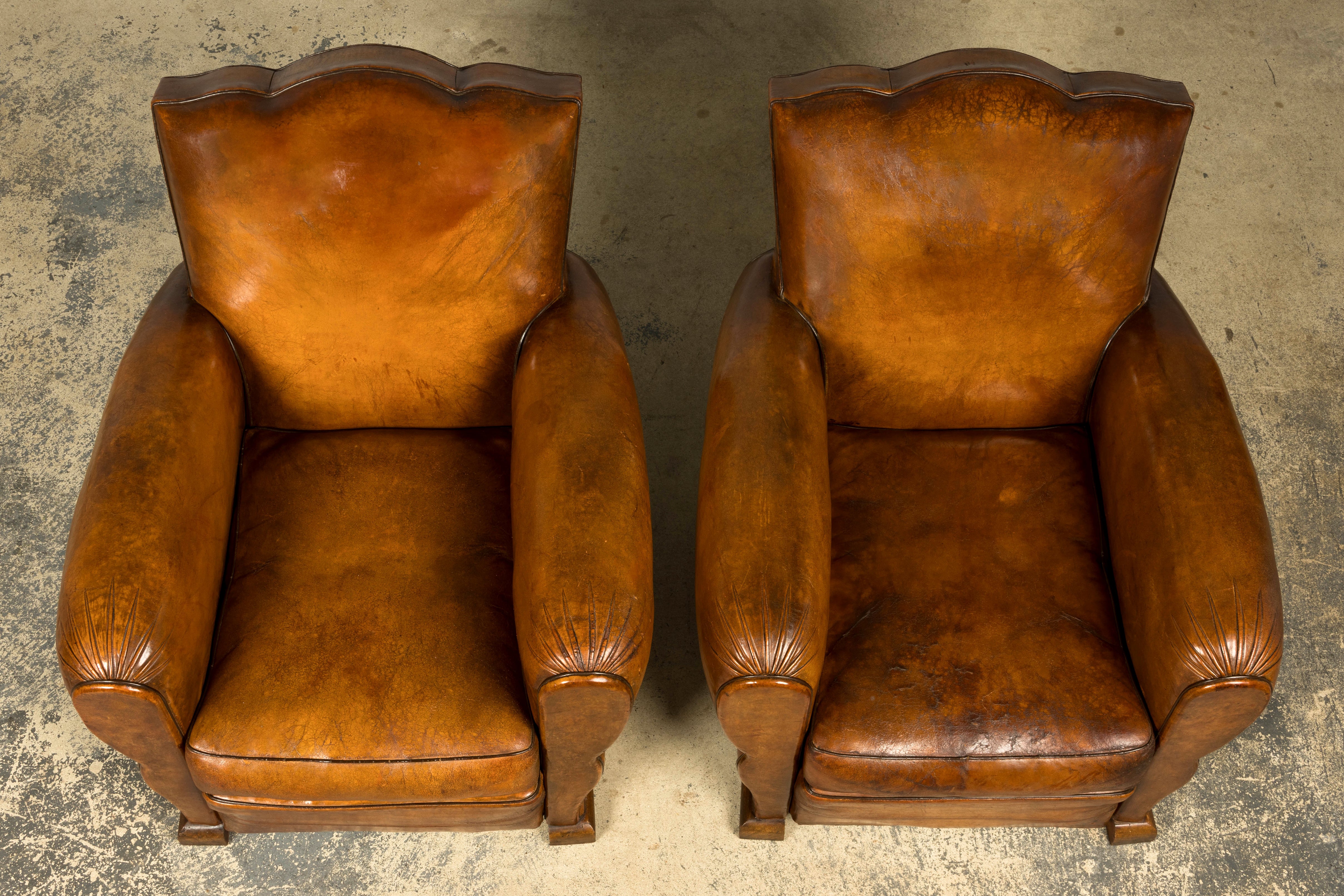 1920s French Art Deco Scalloped Back Cognac Leather Club Chairs – A Pair