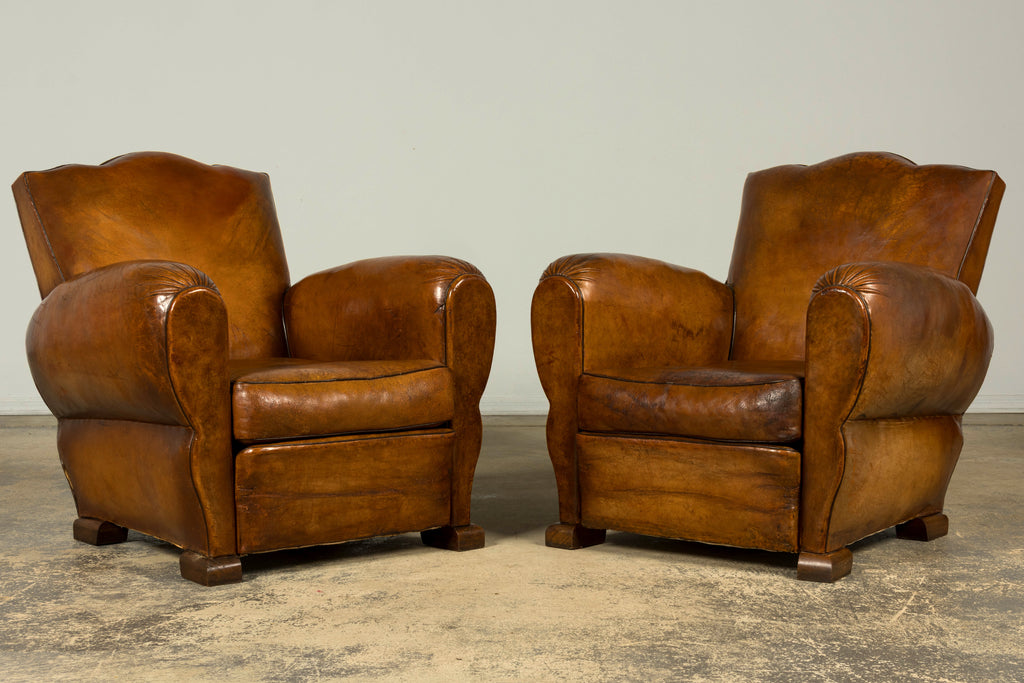 1920s French Art Deco Scalloped Back Cognac Leather Club Chairs – A Pair