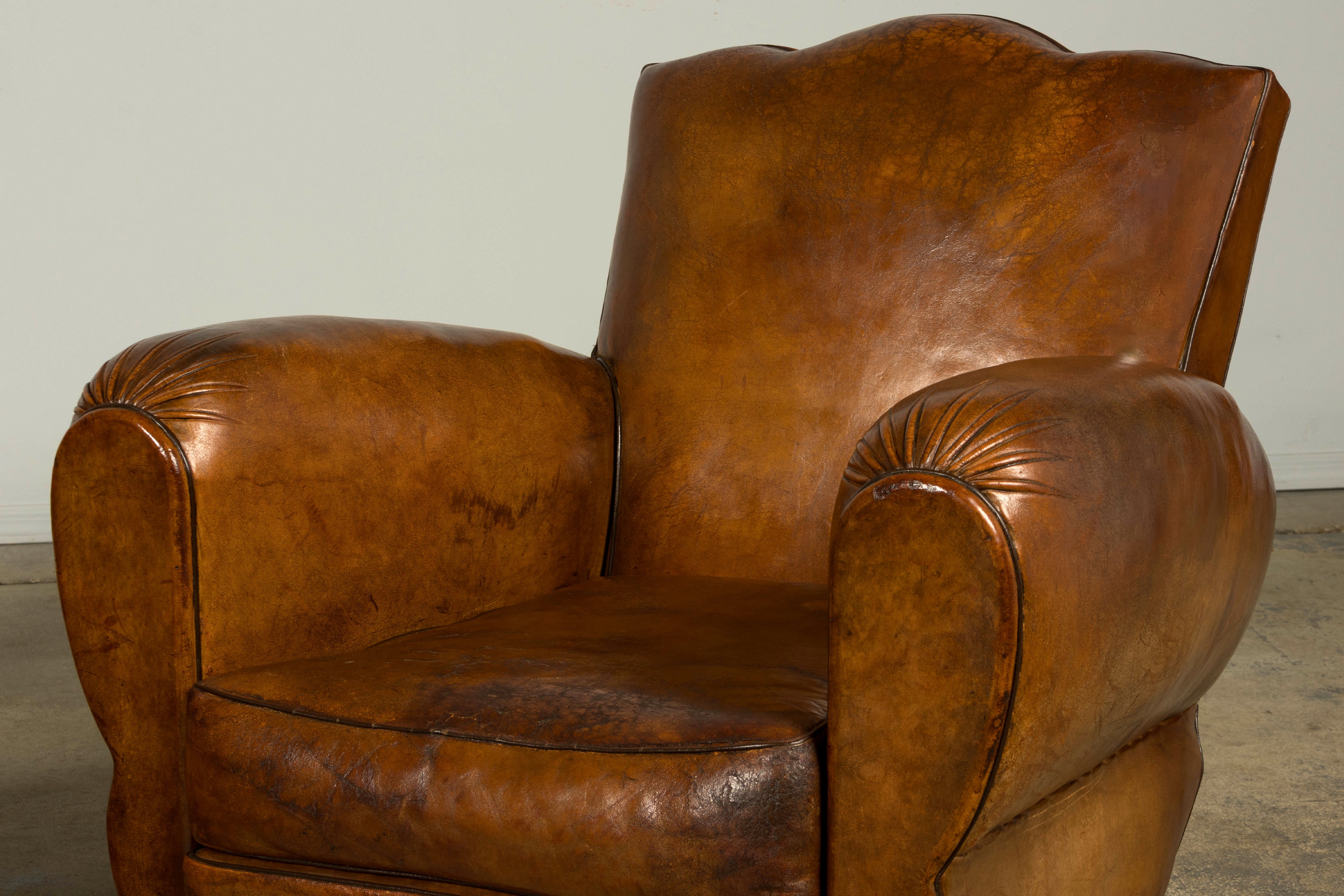 1920s French Art Deco Scalloped Back Cognac Leather Club Chairs – A Pair
