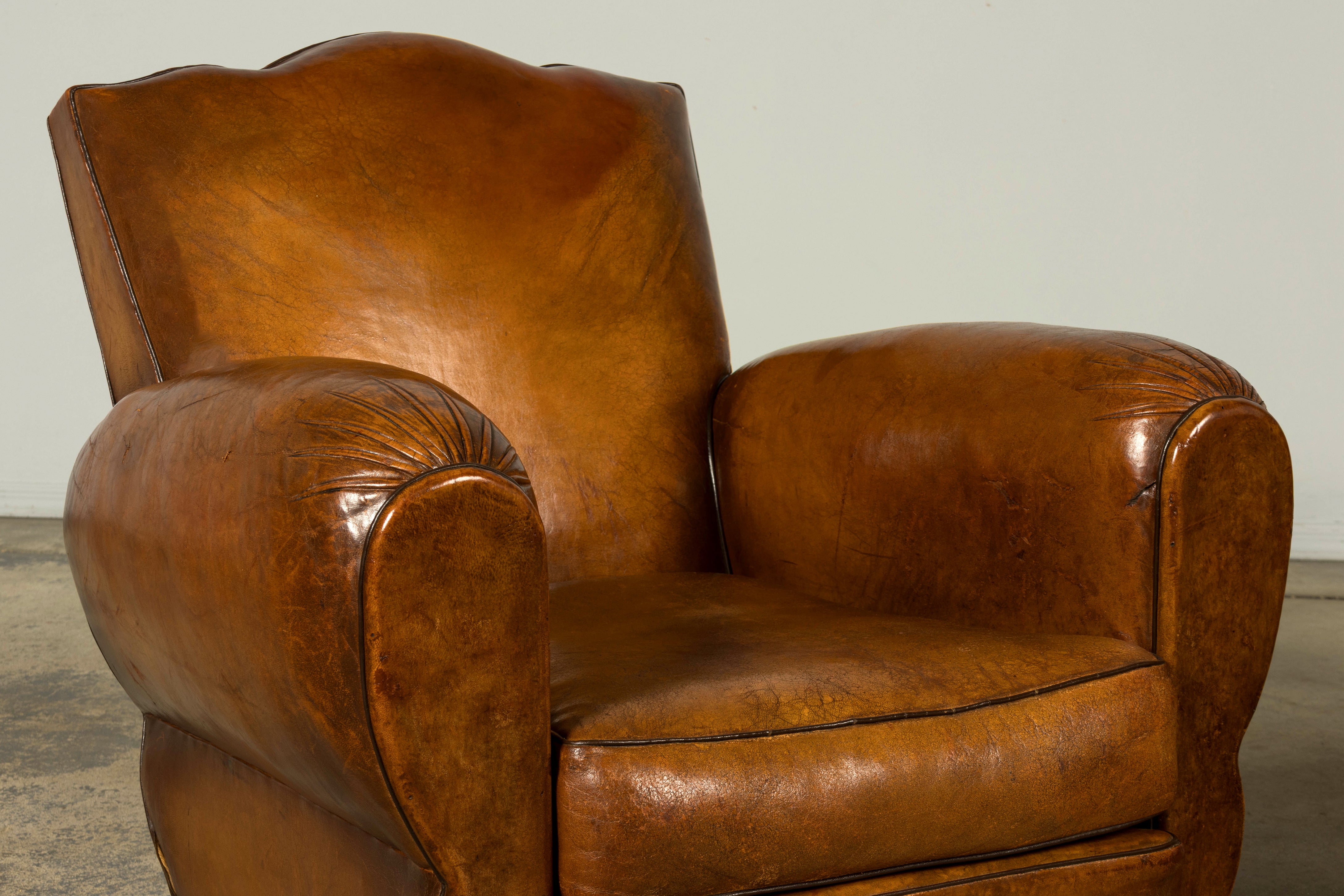 1920s French Art Deco Scalloped Back Cognac Leather Club Chairs – A Pair