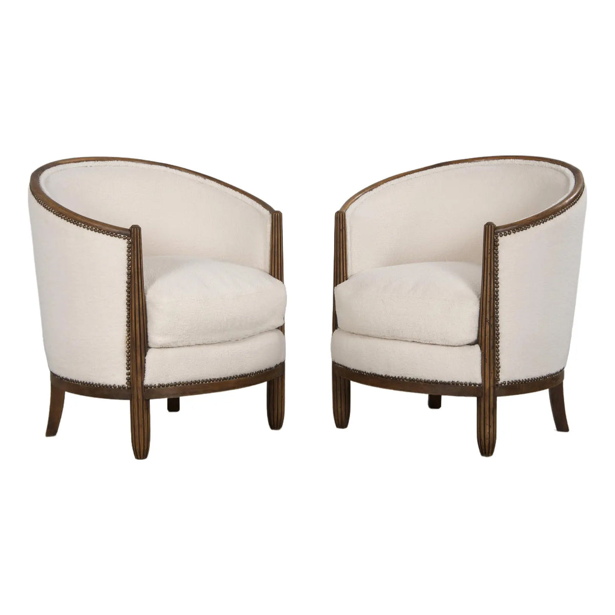 1920s French Parisian Art Deco Maple Tub Chairs in Cream Boucle - A Pair