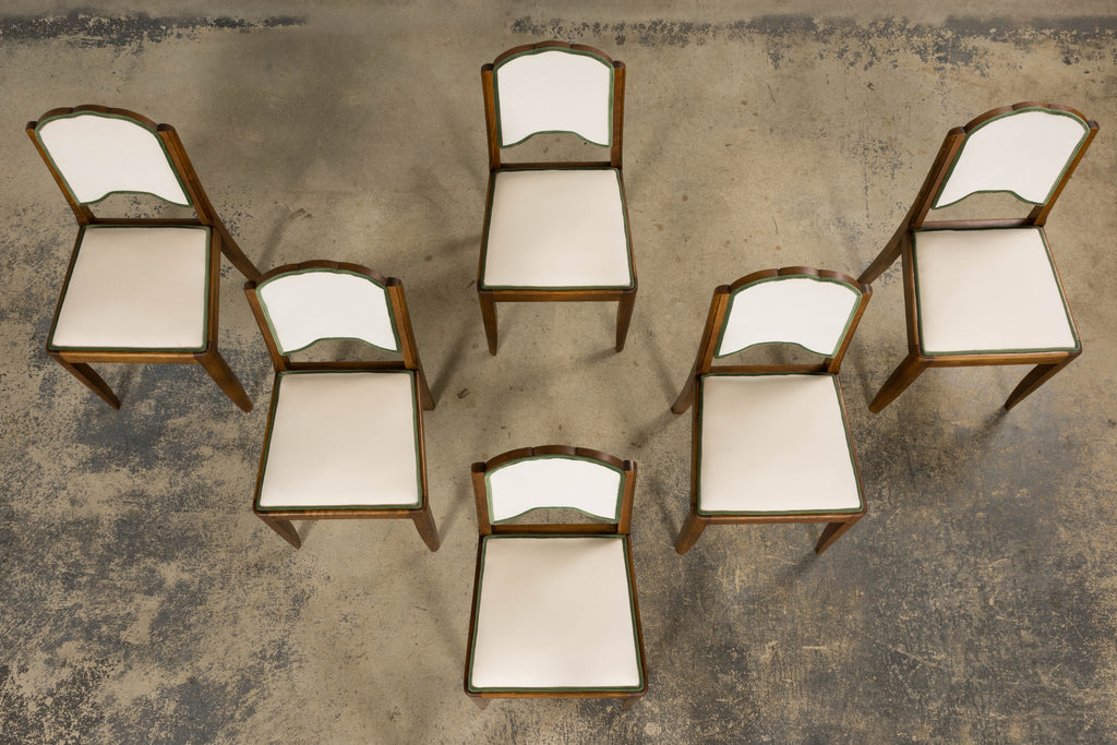 Set of Six 1930s French Art Deco Scalloped Backs Dining Chairs in Maple & Velvet