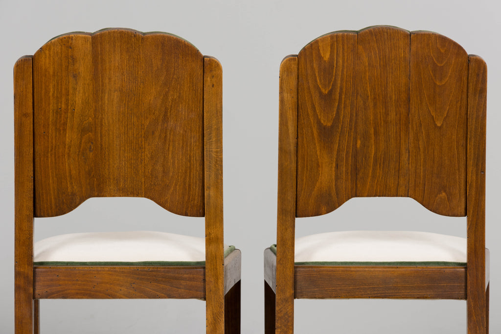 Set of Six 1930s French Art Deco Scalloped Backs Dining Chairs in Maple & Velvet