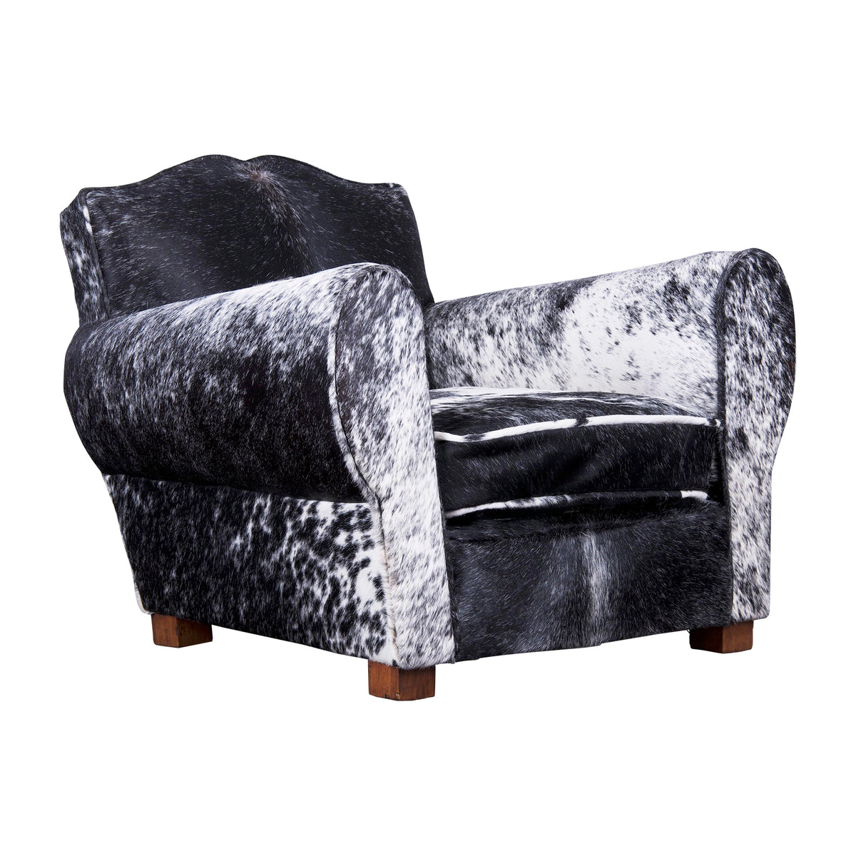 1930s French Art Deco Mustache Back Club Chair W/ Black and White Speckled Cowhide