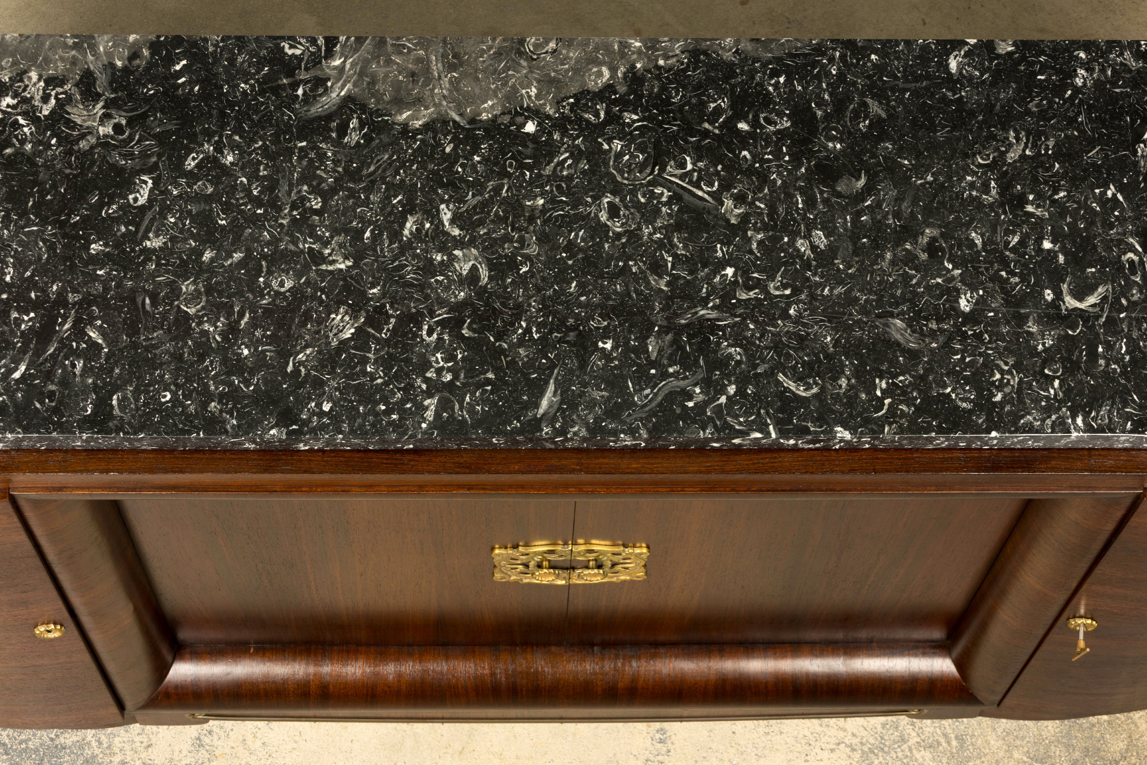 1930s French Art Deco Rosewood Sideboard with Black Marble Top