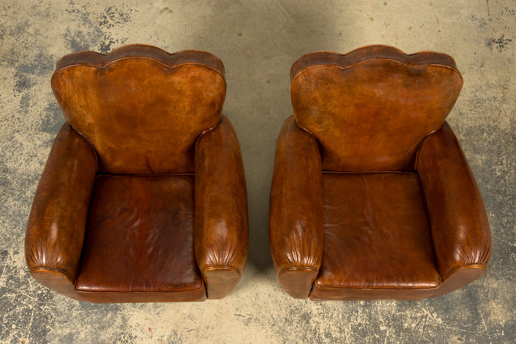 1930s French Art Deco Scalloped Back Cognac Leather Club Chairs, Pair