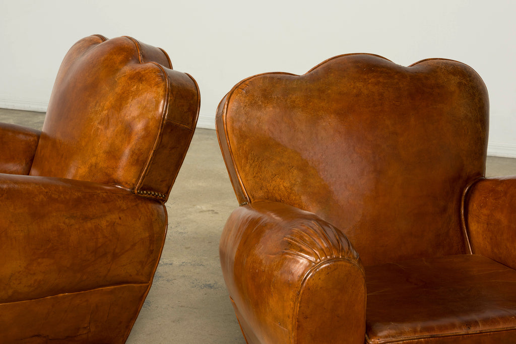 1930s French Art Deco Scalloped Back Cognac Leather Club Chairs, Pair