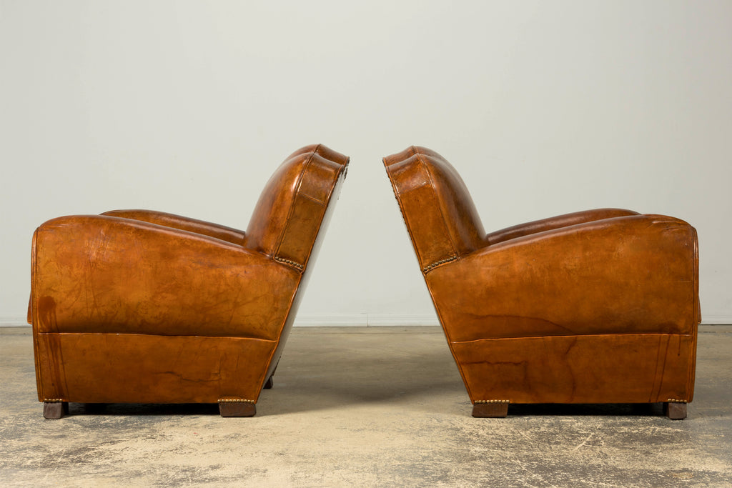 1930s French Art Deco Scalloped Back Cognac Leather Club Chairs, Pair