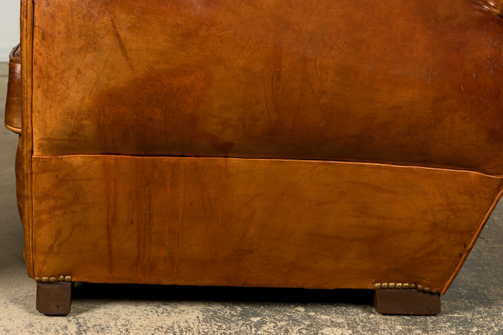 1930s French Art Deco Scalloped Back Cognac Leather Club Chairs, Pair