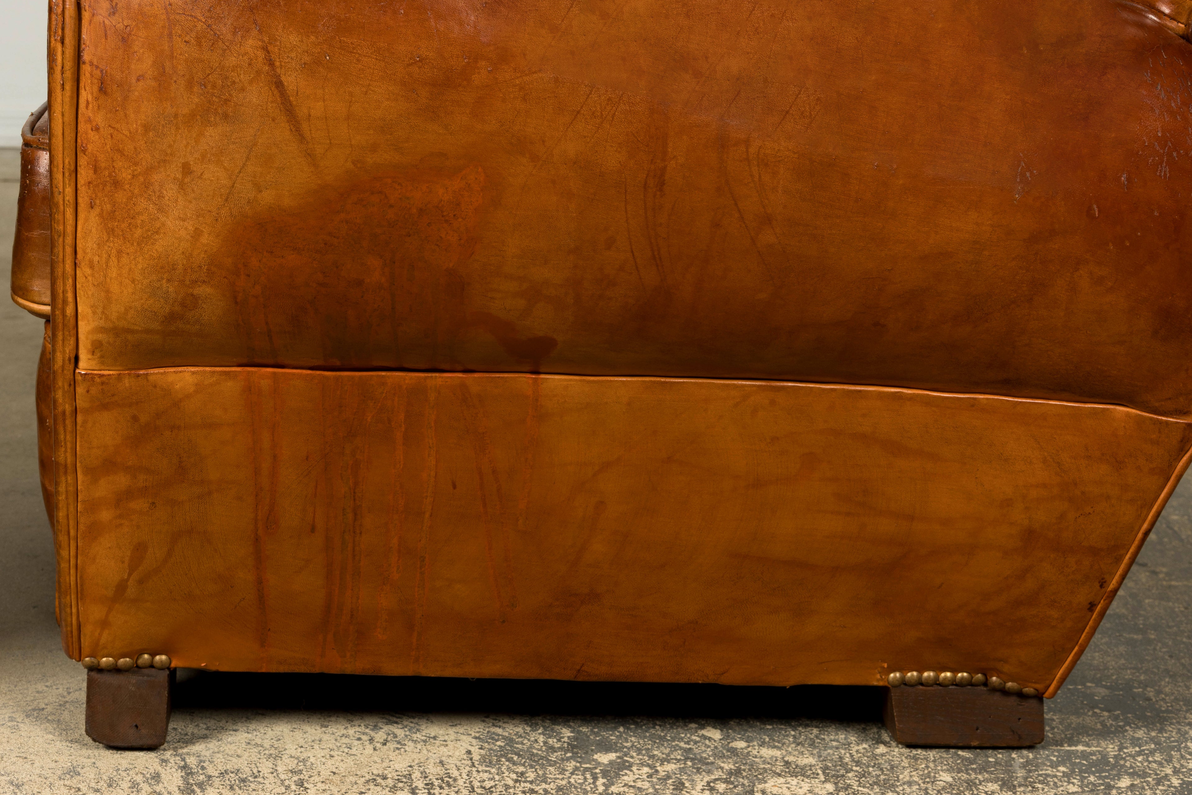 1930s French Art Deco Scalloped Back Cognac Leather Club Chairs, Pair