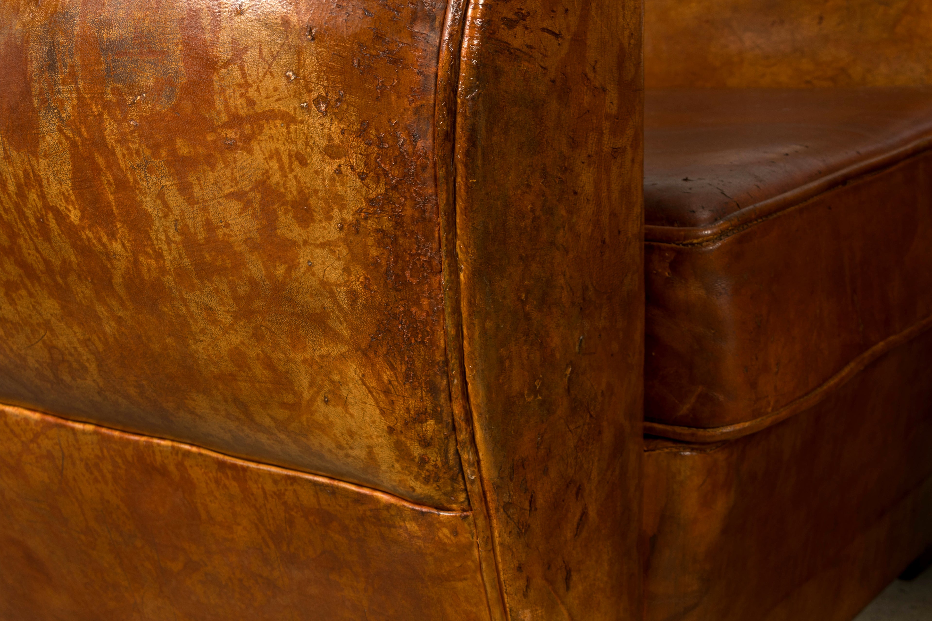 1930s French Art Deco Scalloped Back Cognac Leather Club Chairs, Pair