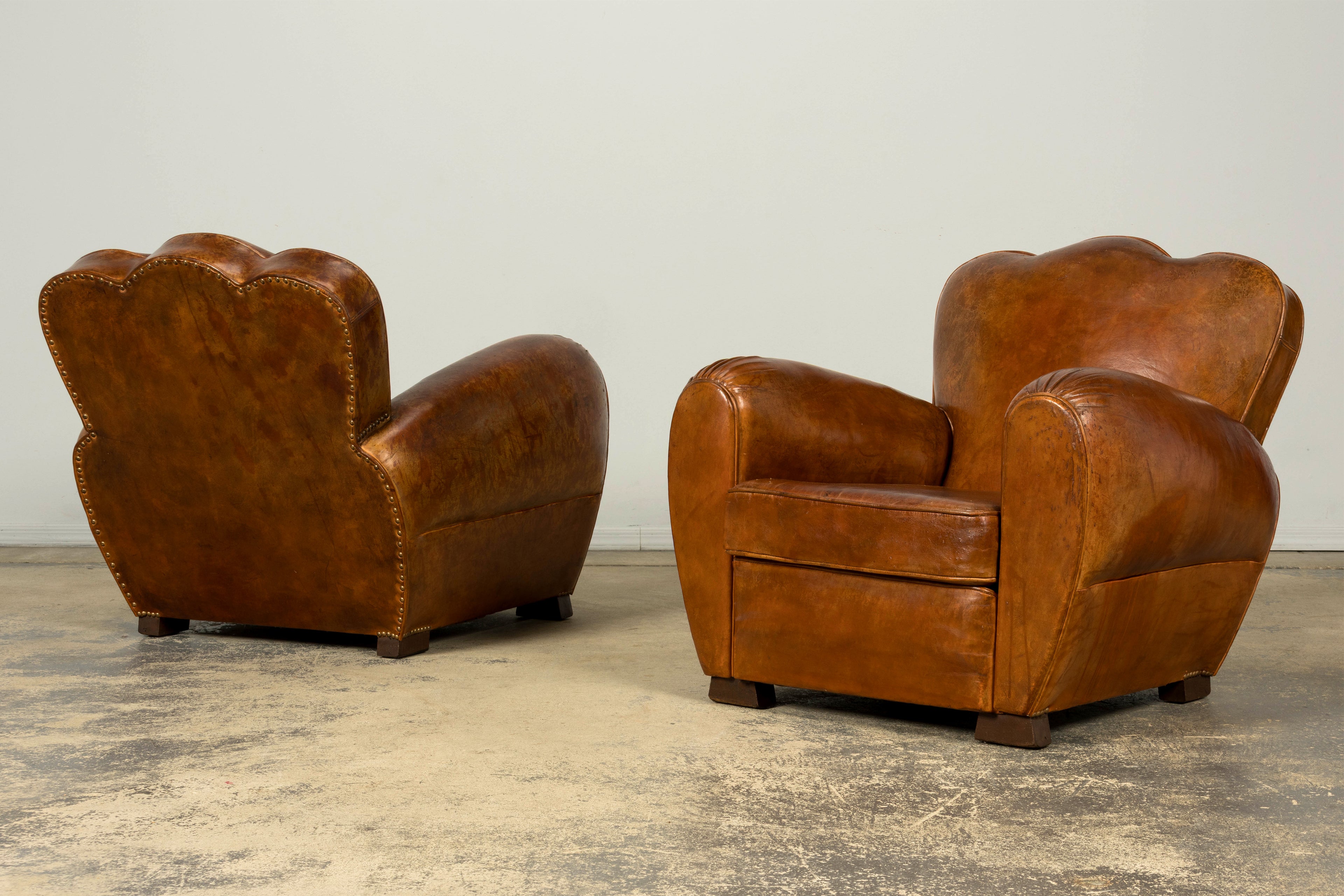 1930s French Art Deco Scalloped Back Cognac Leather Club Chairs, Pair