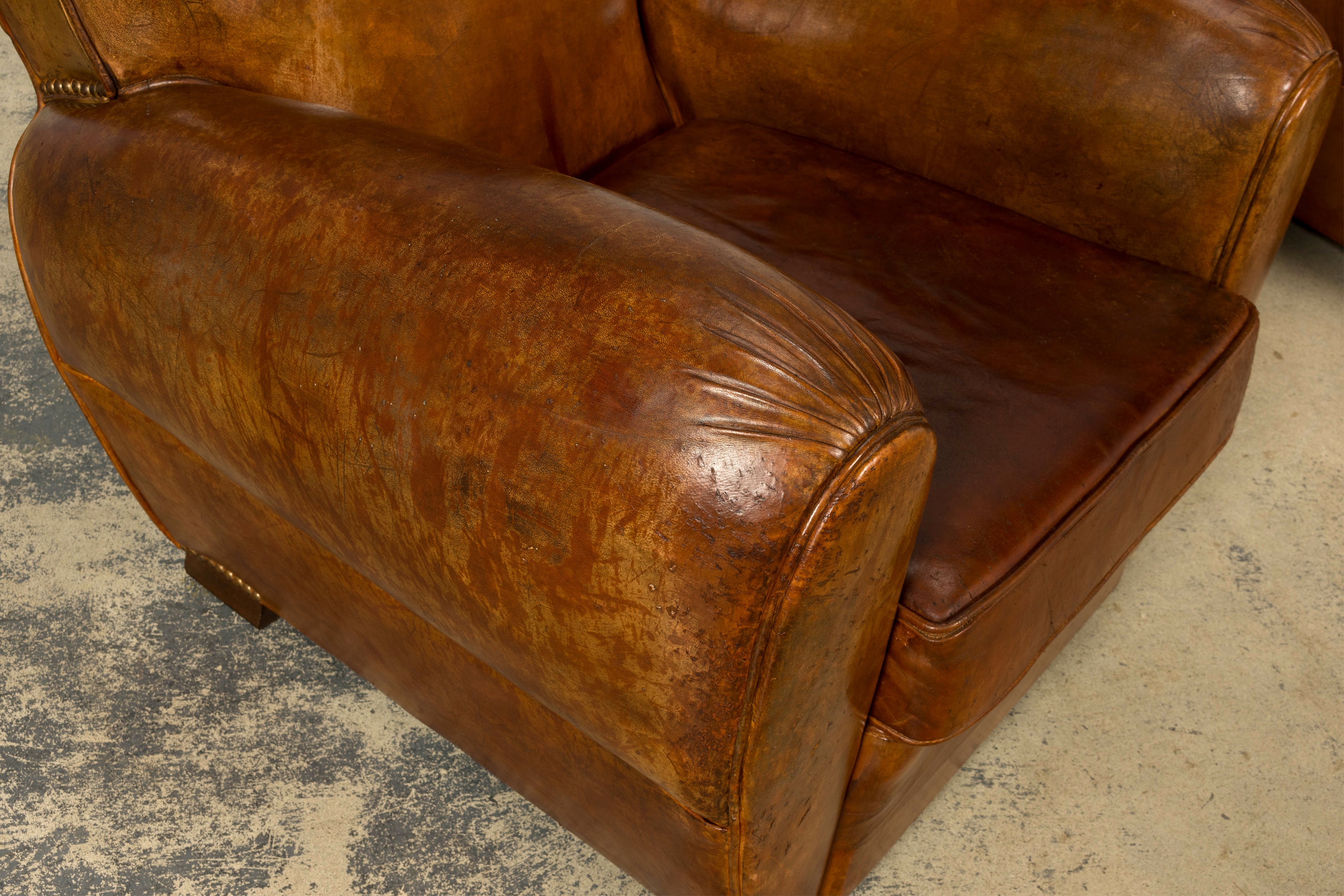 1930s French Art Deco Scalloped Back Cognac Leather Club Chairs, Pair