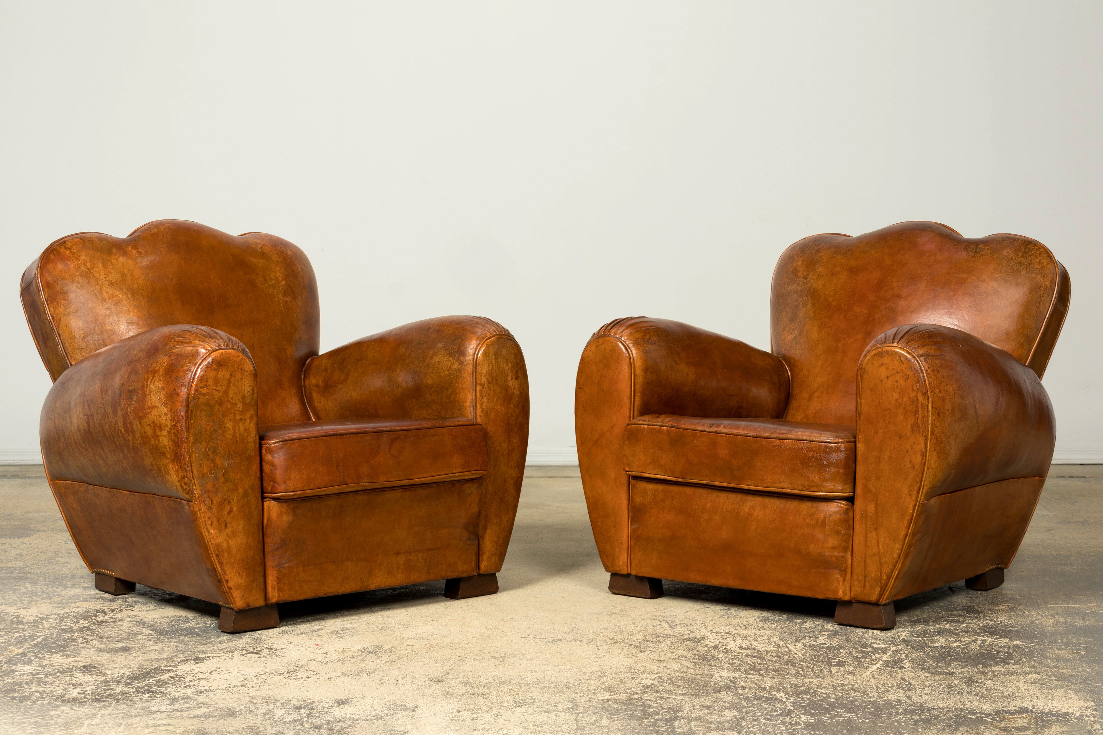 1930s French Art Deco Scalloped Back Cognac Leather Club Chairs, Pair