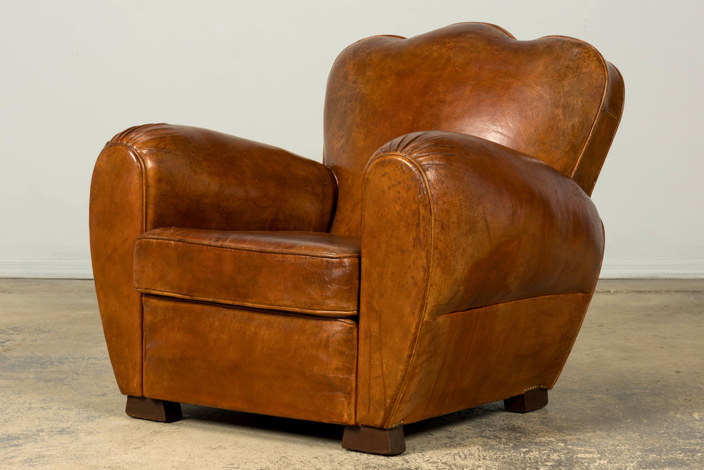 1930s French Art Deco Scalloped Back Cognac Leather Club Chairs, Pair