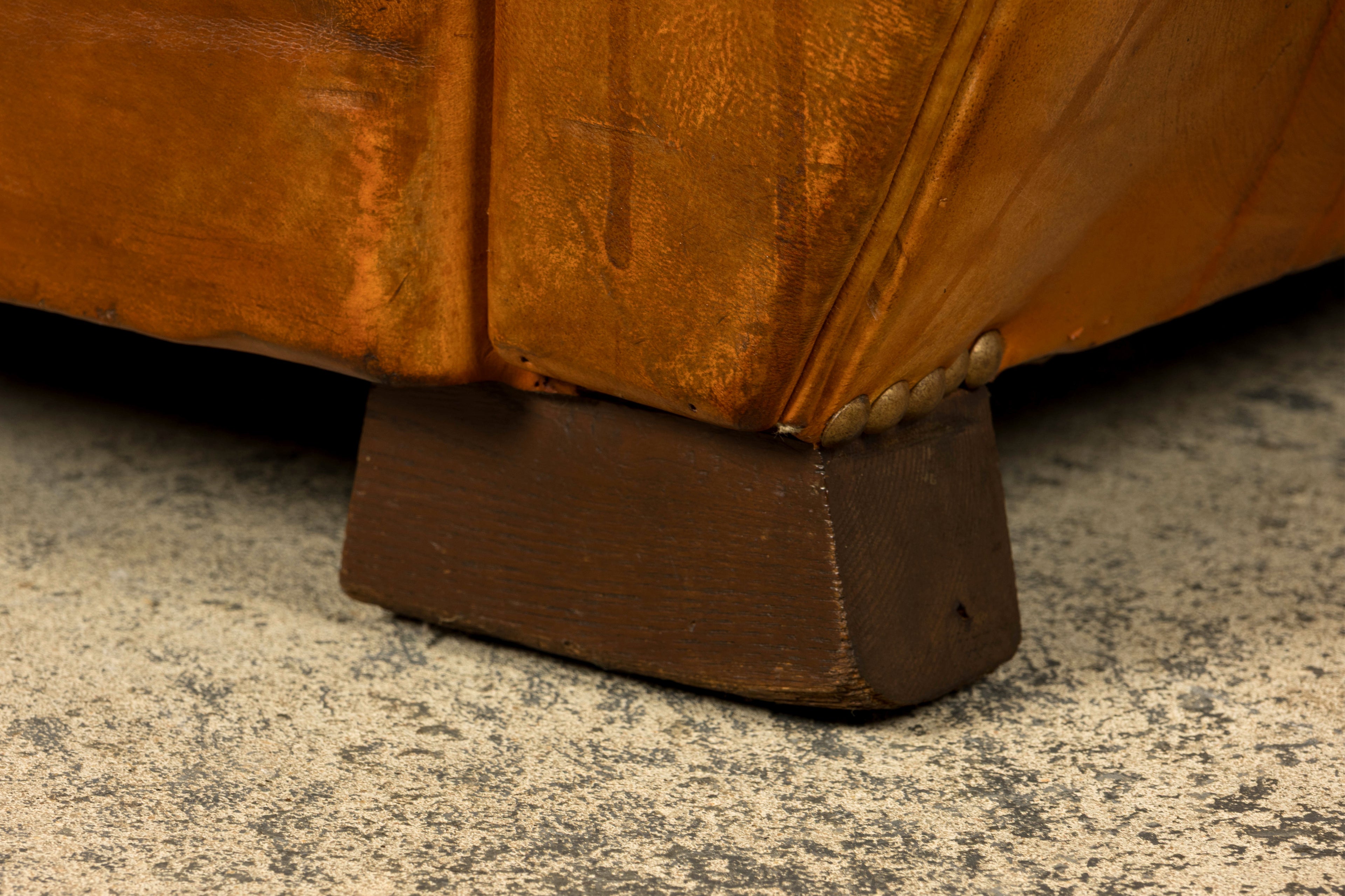 1930s French Art Deco Scalloped Back Cognac Leather Club Chairs, Pair