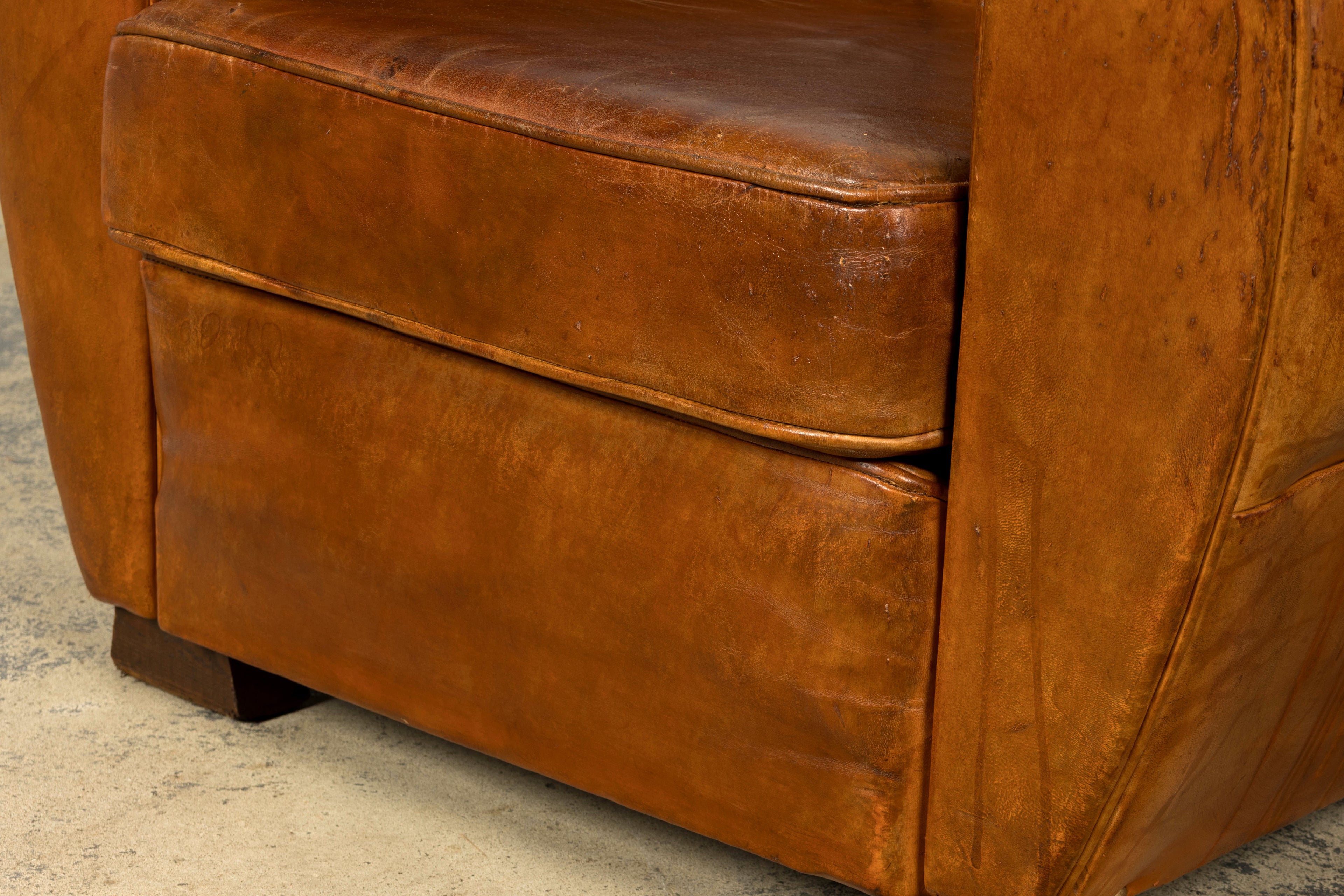 1930s French Art Deco Scalloped Back Cognac Leather Club Chairs, Pair