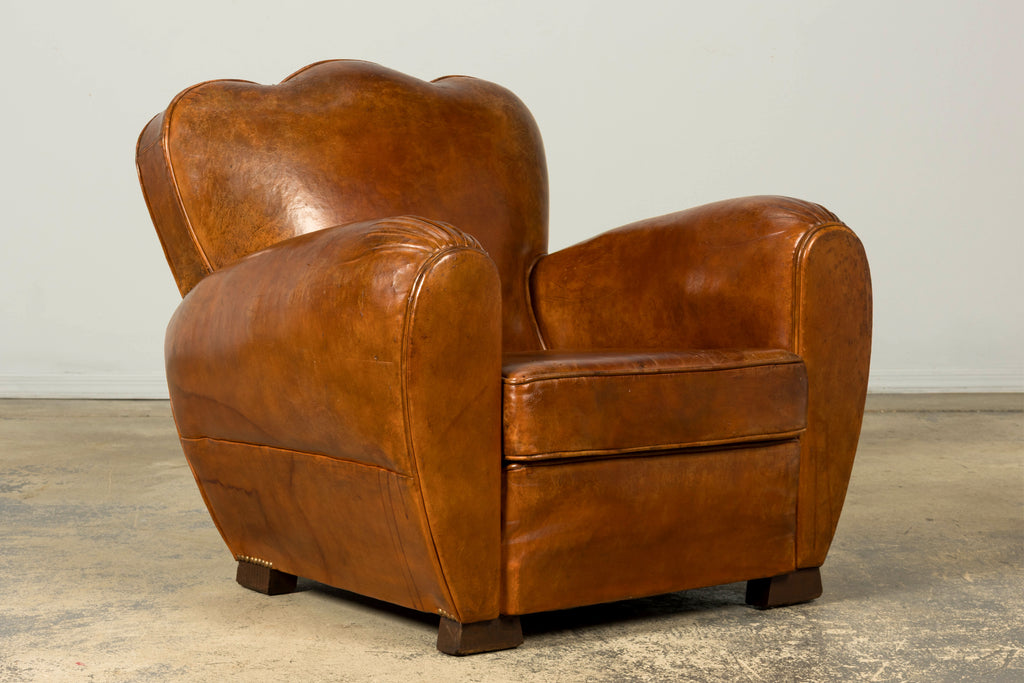 1930s French Art Deco Scalloped Back Cognac Leather Club Chairs, Pair