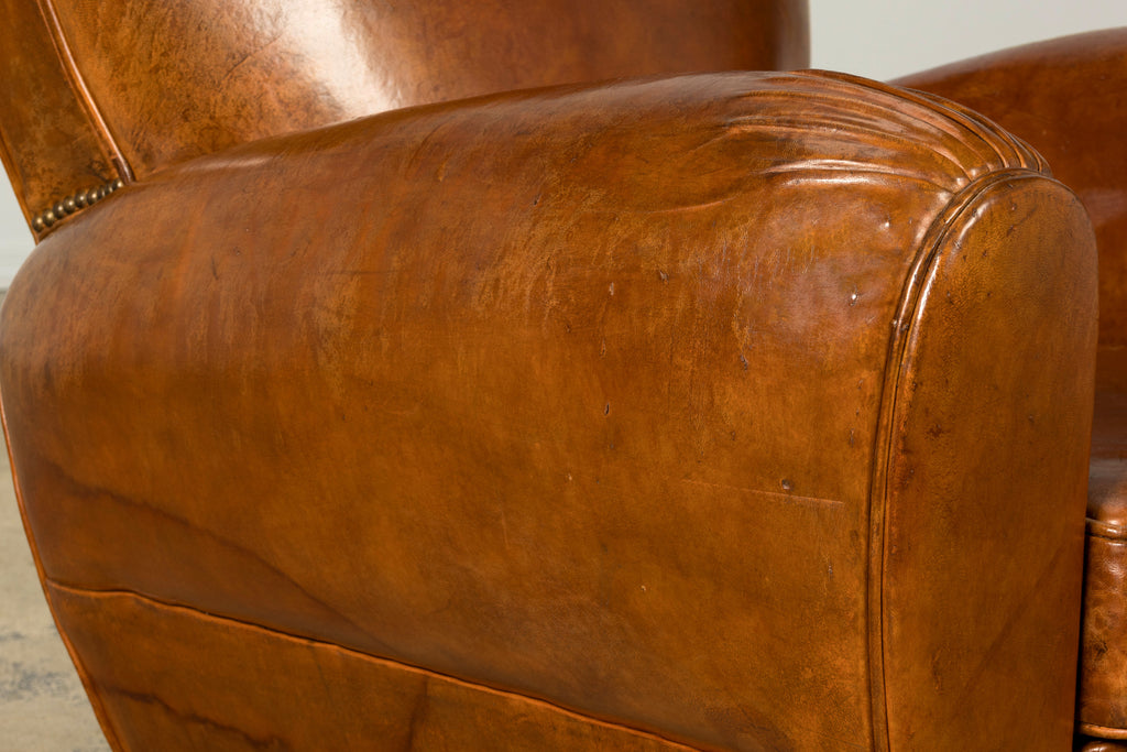 1930s French Art Deco Scalloped Back Cognac Leather Club Chairs, Pair