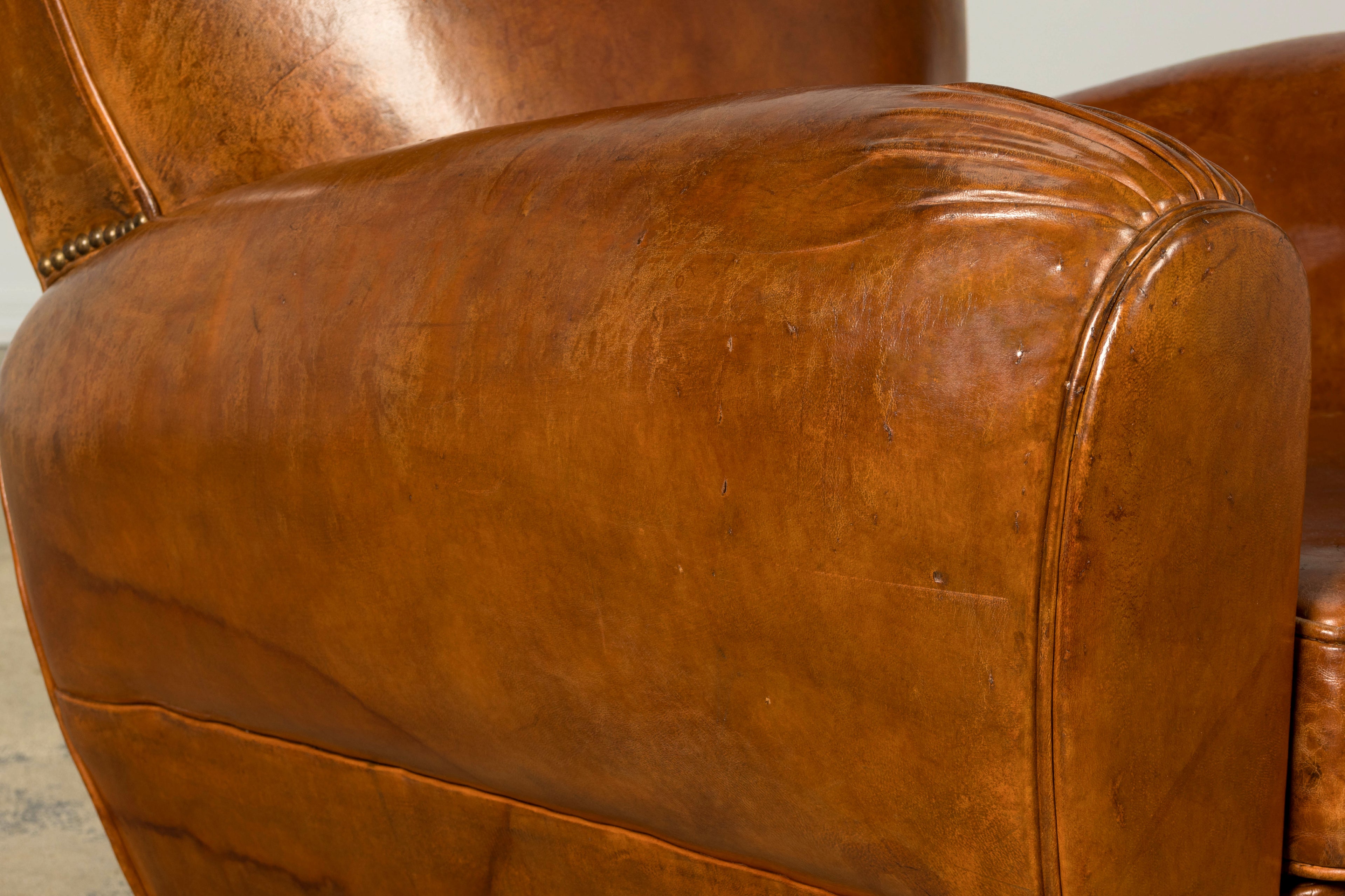 1930s French Art Deco Scalloped Back Cognac Leather Club Chairs, Pair