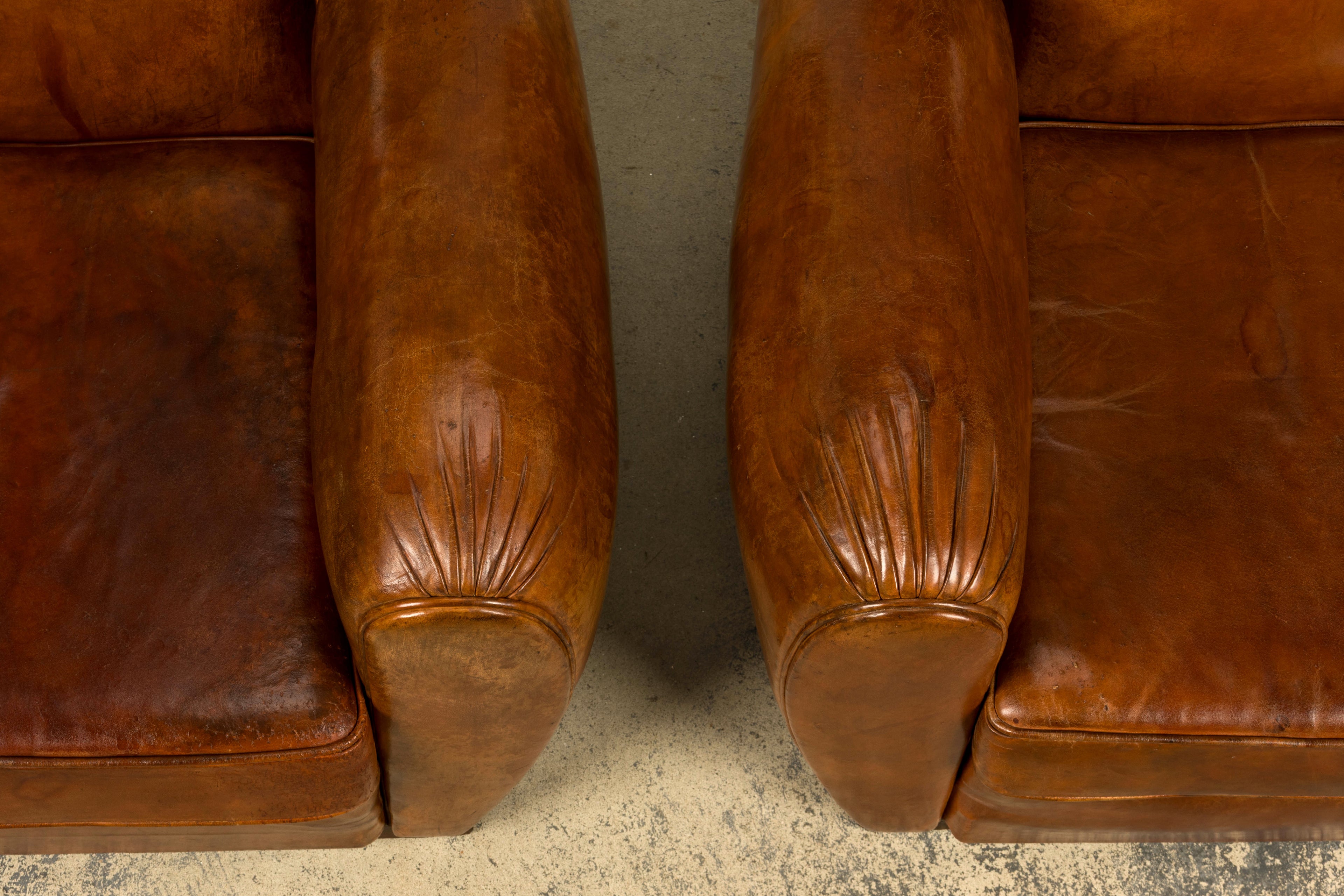 1930s French Art Deco Scalloped Back Cognac Leather Club Chairs, Pair