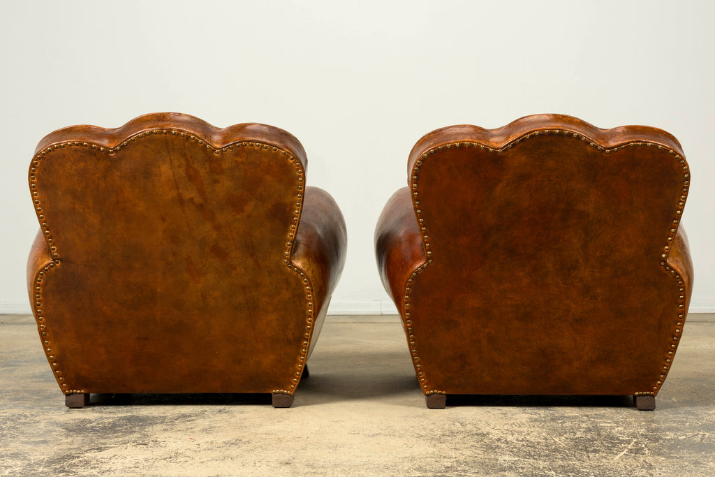 1930s French Art Deco Scalloped Back Cognac Leather Club Chairs, Pair