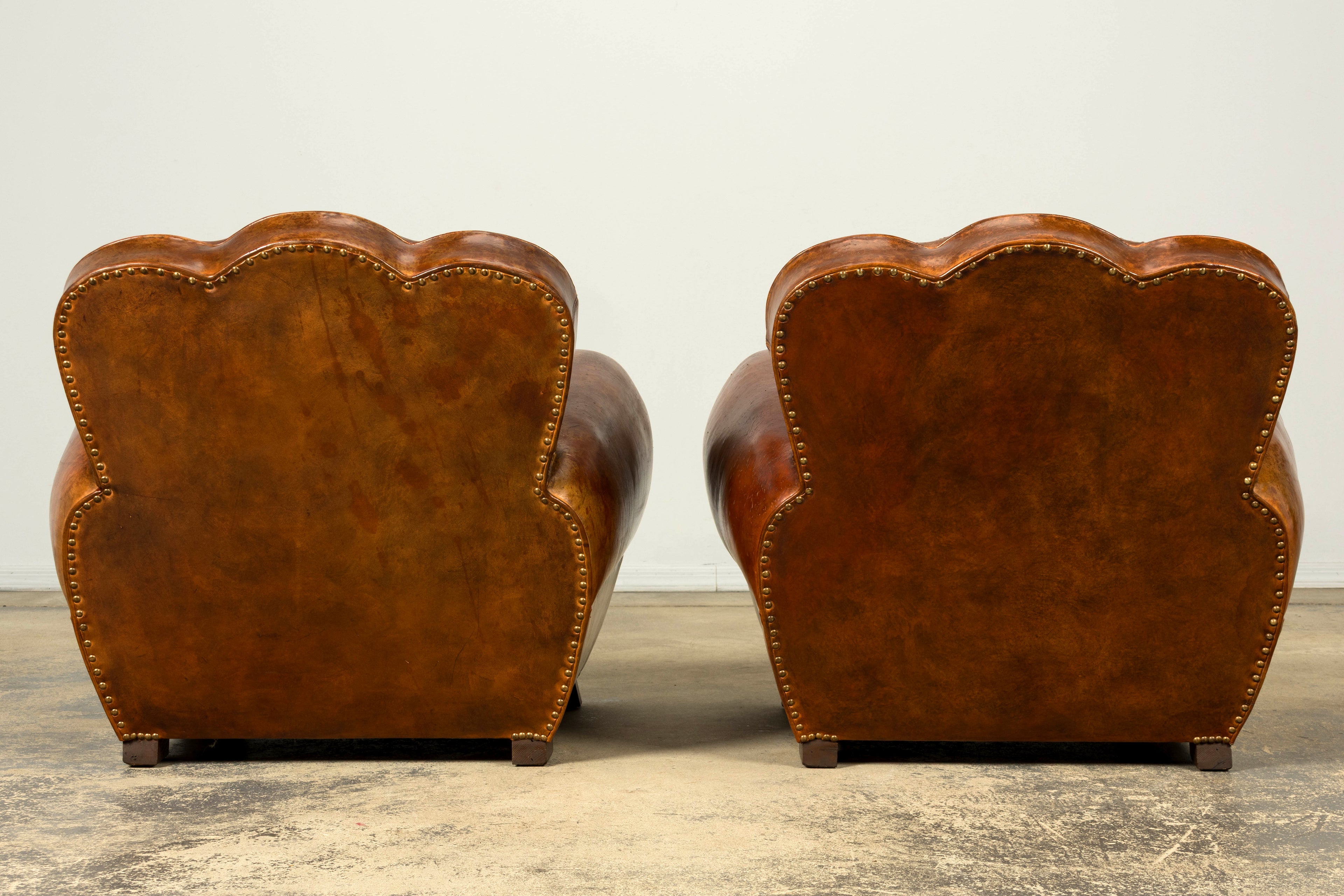 1930s French Art Deco Scalloped Back Cognac Leather Club Chairs, Pair
