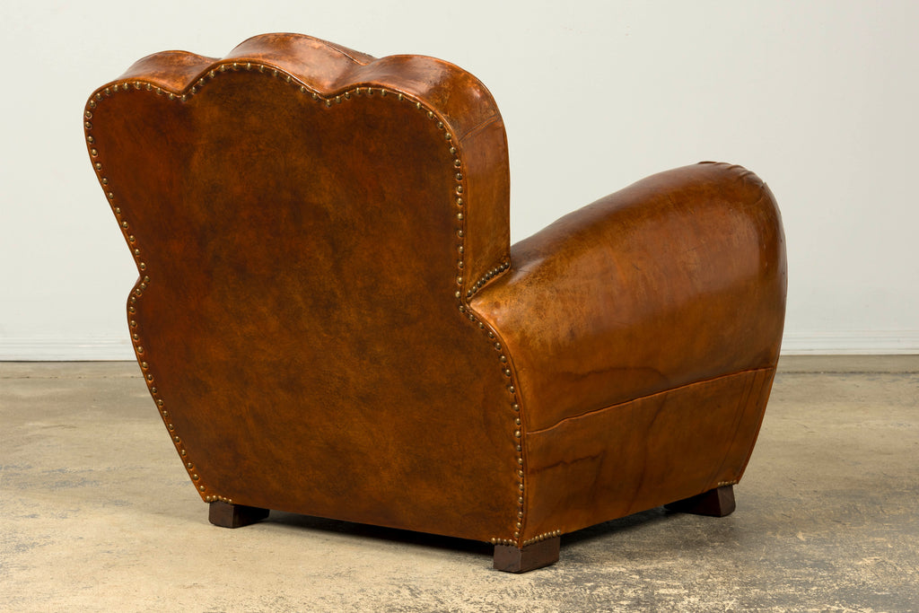1930s French Art Deco Scalloped Back Cognac Leather Club Chairs, Pair