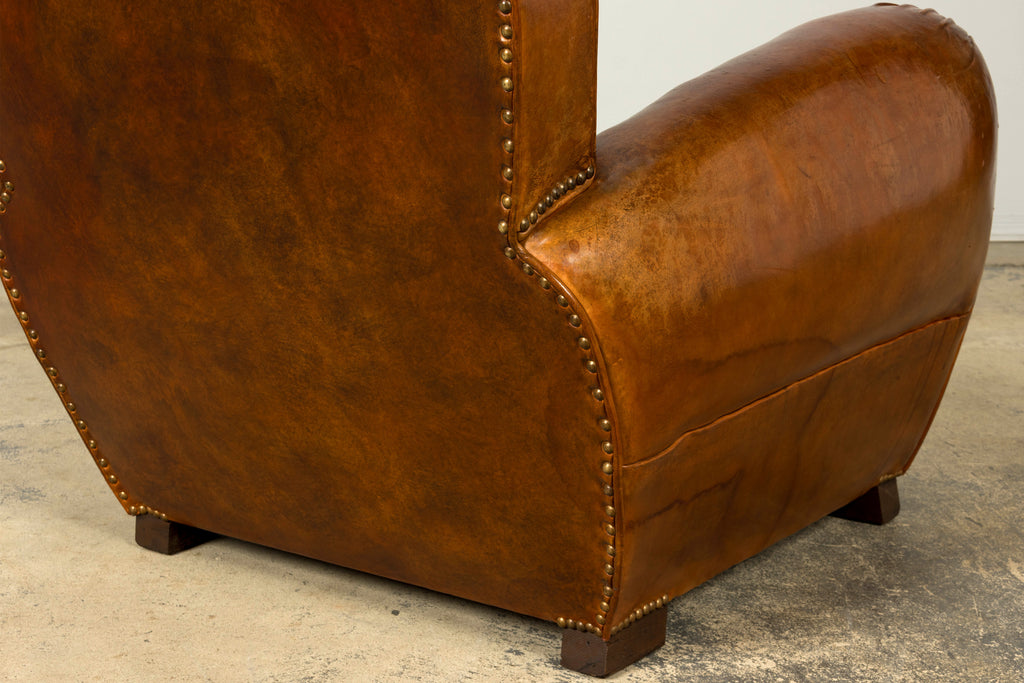 1930s French Art Deco Scalloped Back Cognac Leather Club Chairs, Pair