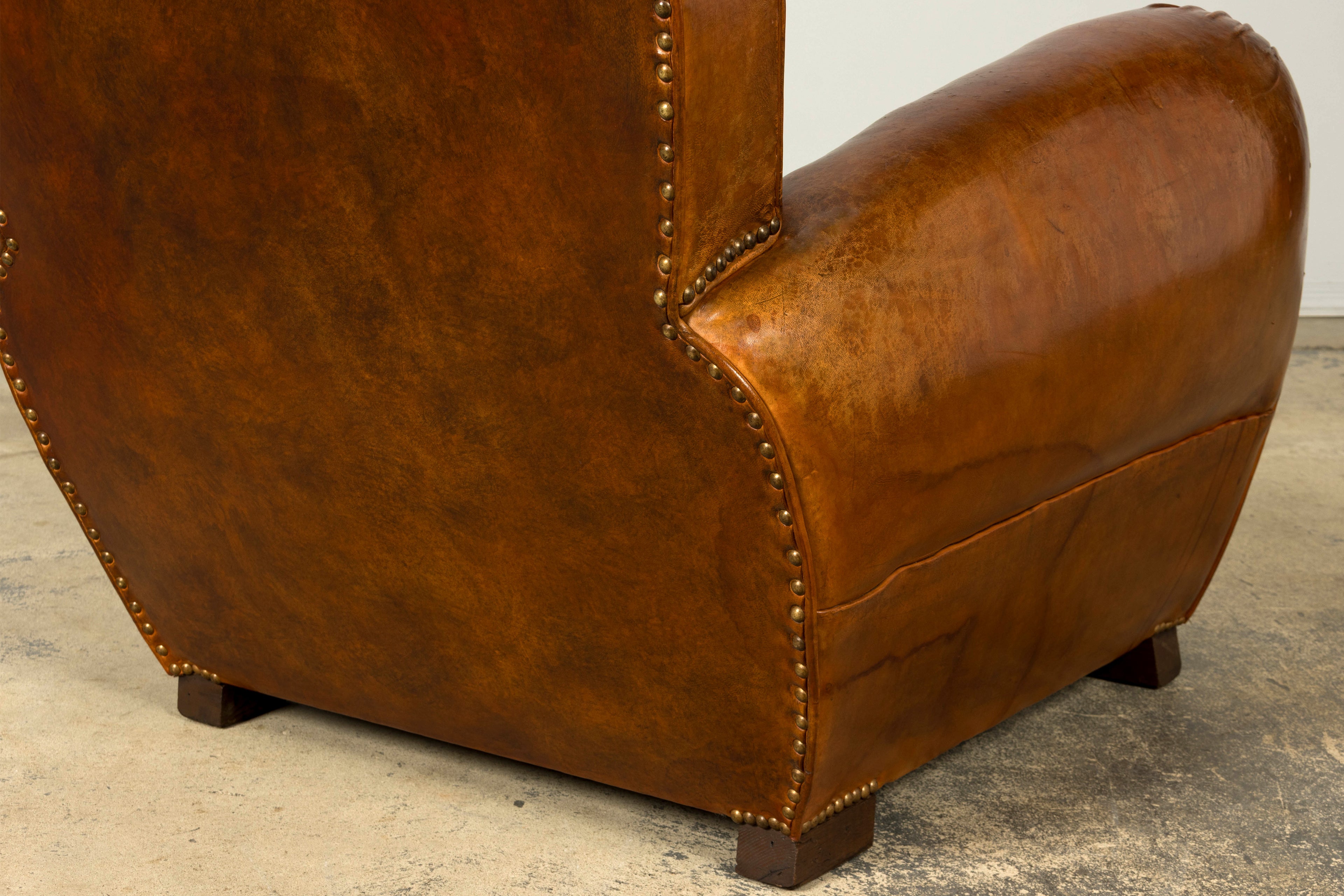 1930s French Art Deco Scalloped Back Cognac Leather Club Chairs, Pair