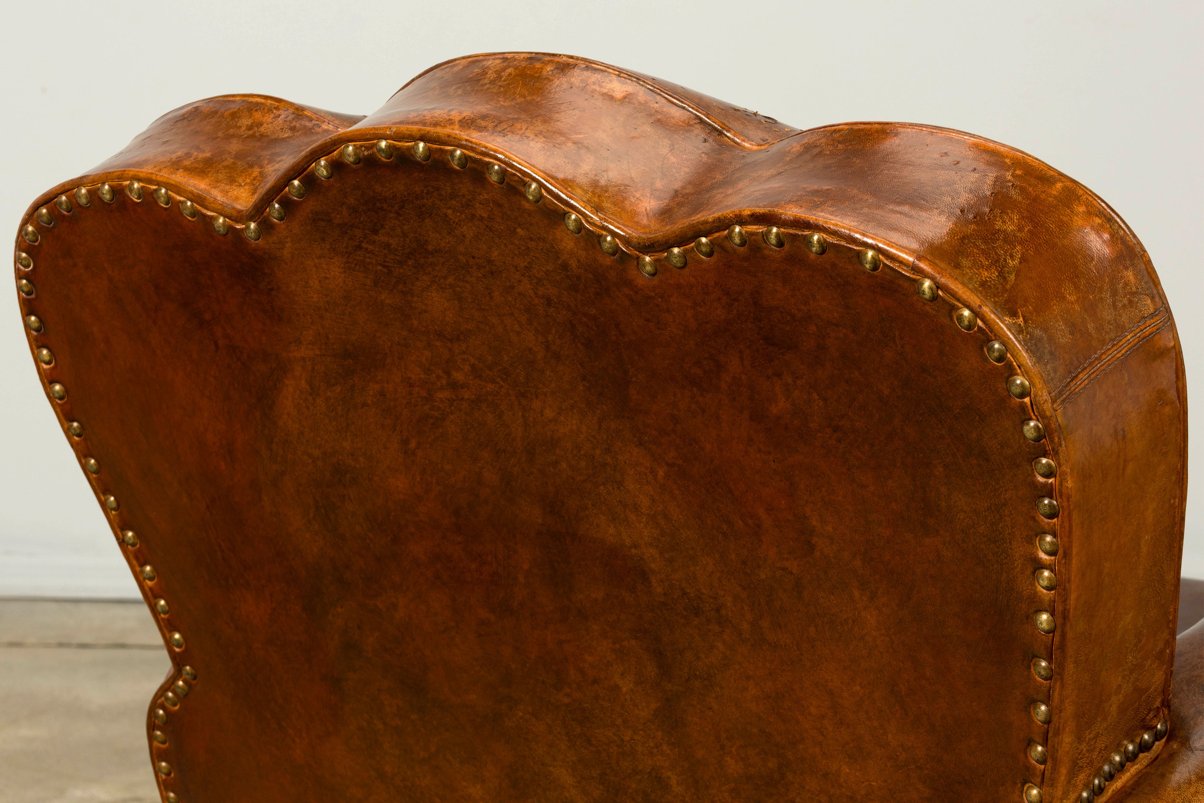1930s French Art Deco Scalloped Back Cognac Leather Club Chairs, Pair