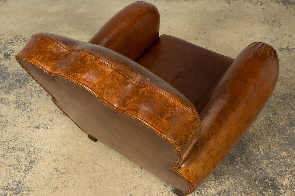 1930s French Art Deco Scalloped Back Cognac Leather Club Chairs, Pair
