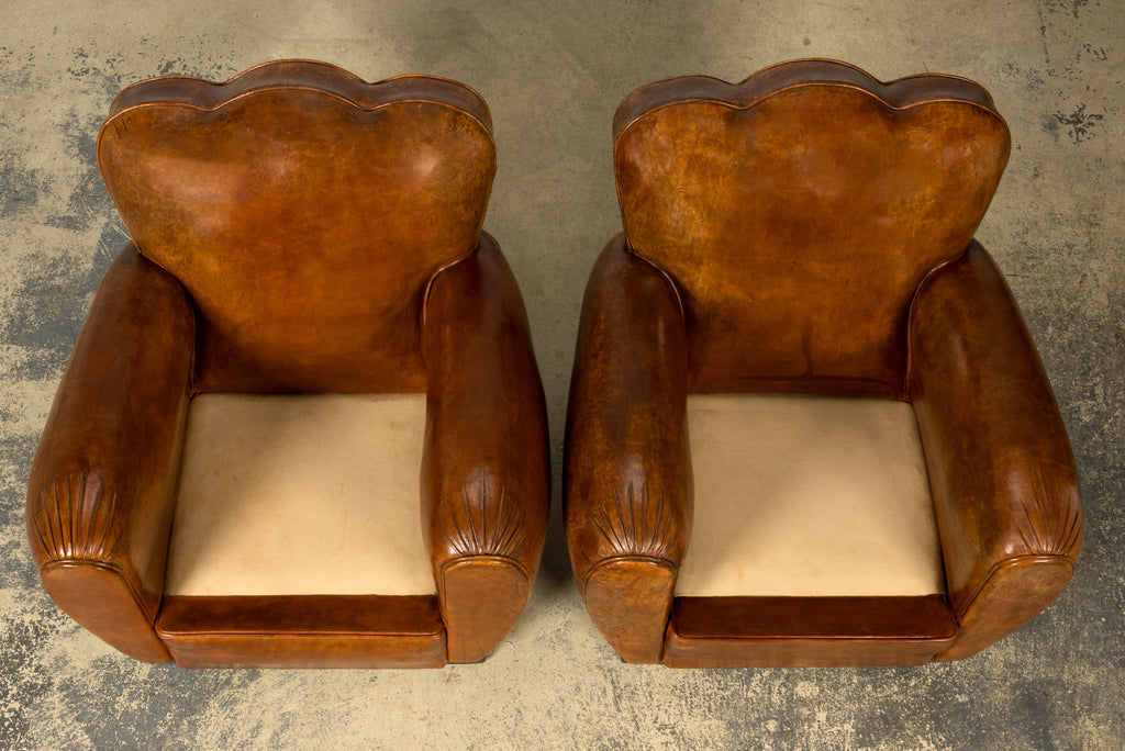 1930s French Art Deco Scalloped Back Cognac Leather Club Chairs, Pair