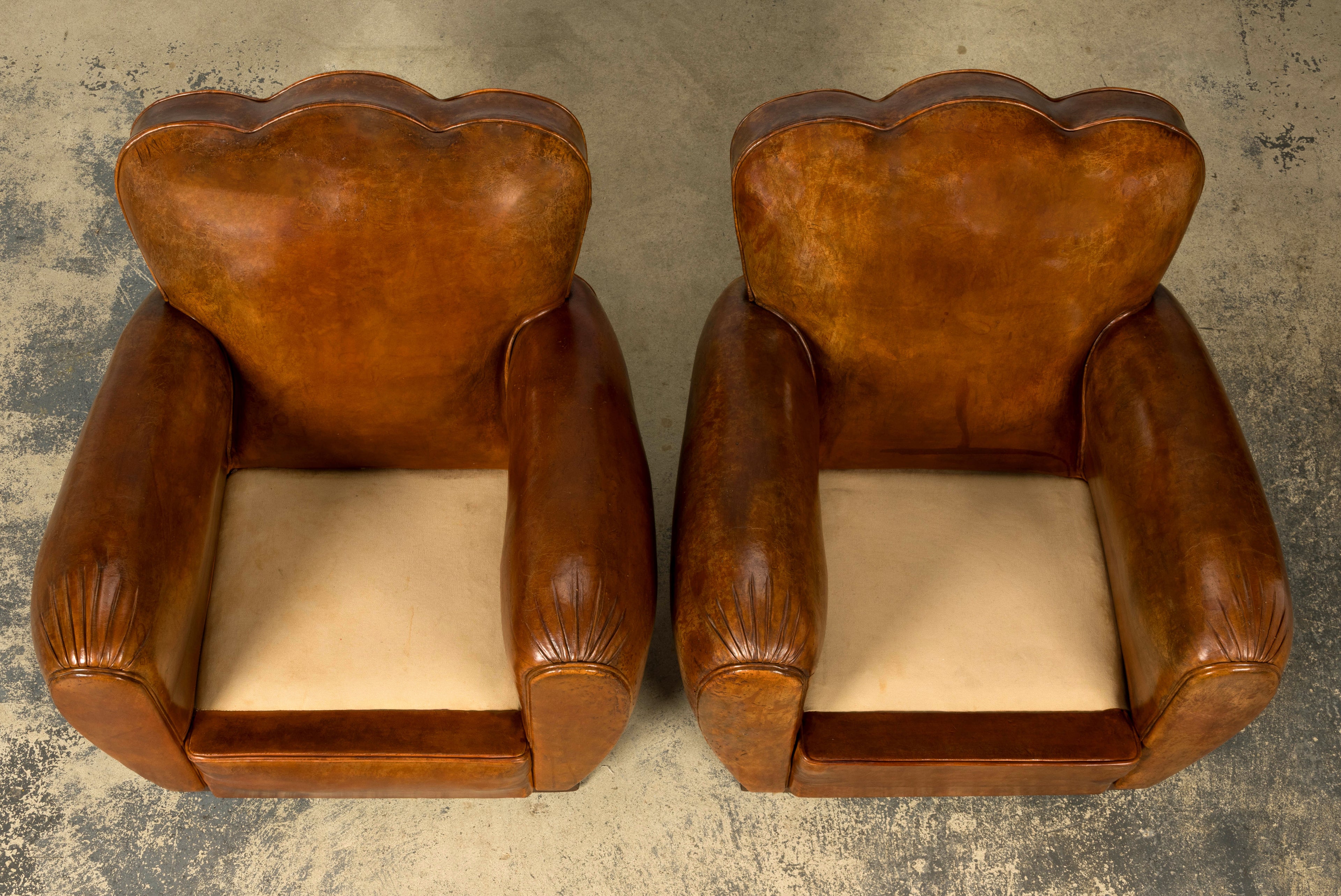 1930s French Art Deco Scalloped Back Cognac Leather Club Chairs, Pair