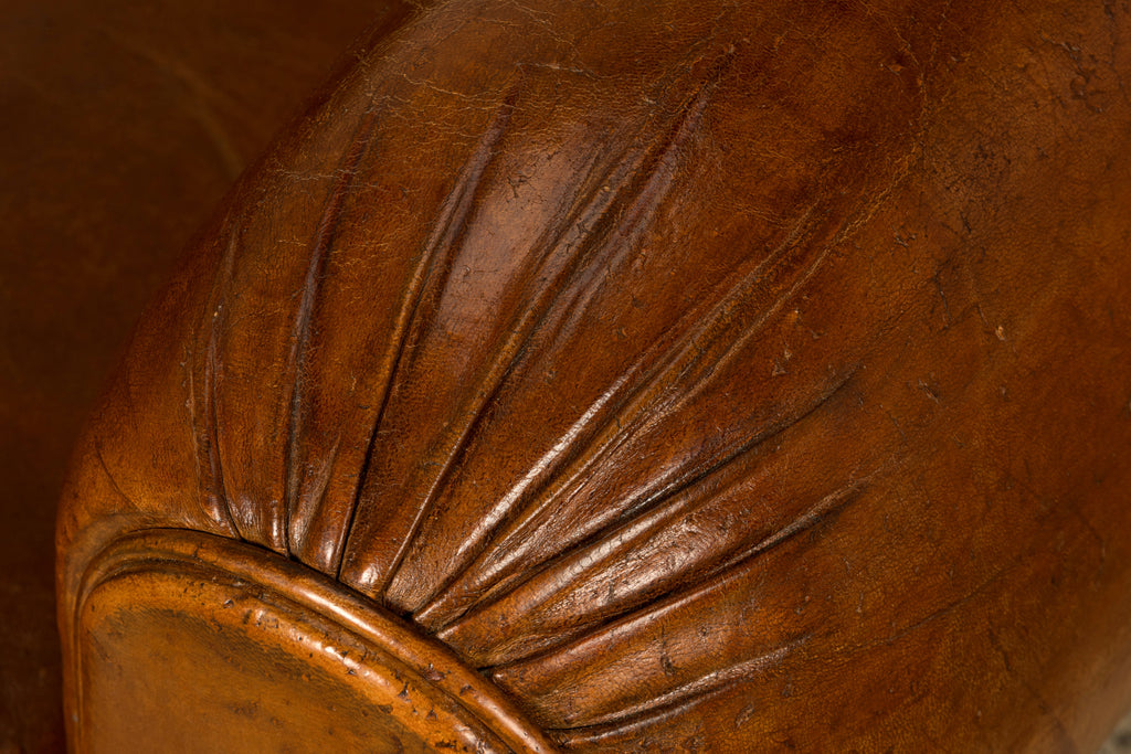1930s French Art Deco Scalloped Back Cognac Leather Club Chairs, Pair