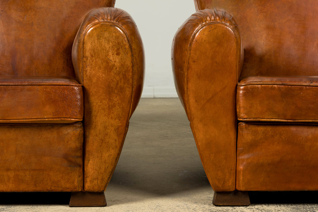 1930s French Art Deco Scalloped Back Cognac Leather Club Chairs, Pair