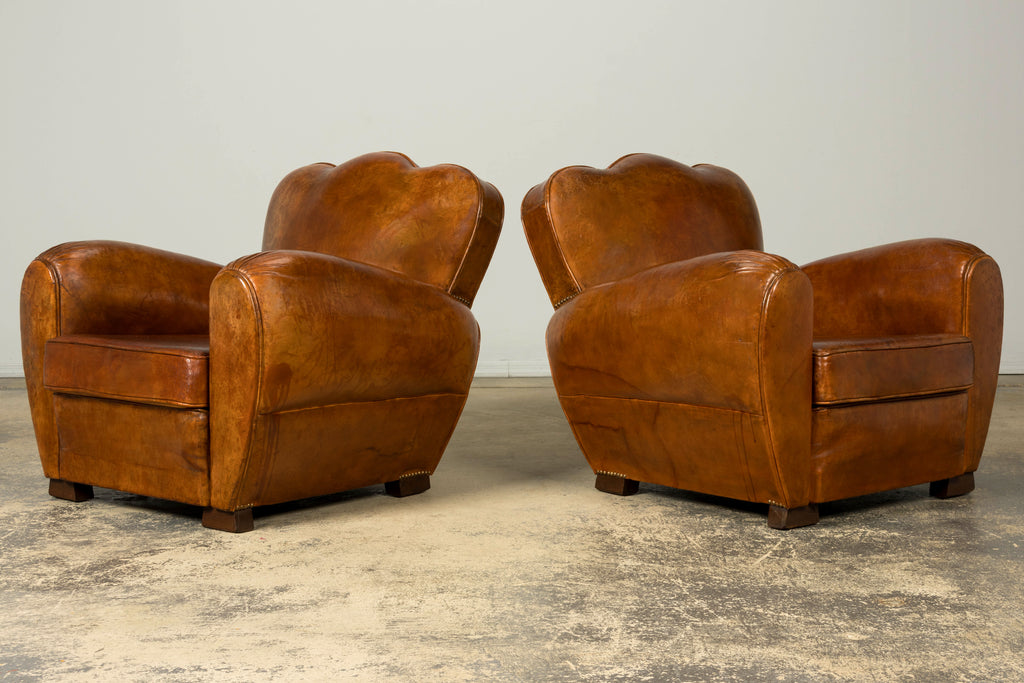 1930s French Art Deco Scalloped Back Cognac Leather Club Chairs, Pair