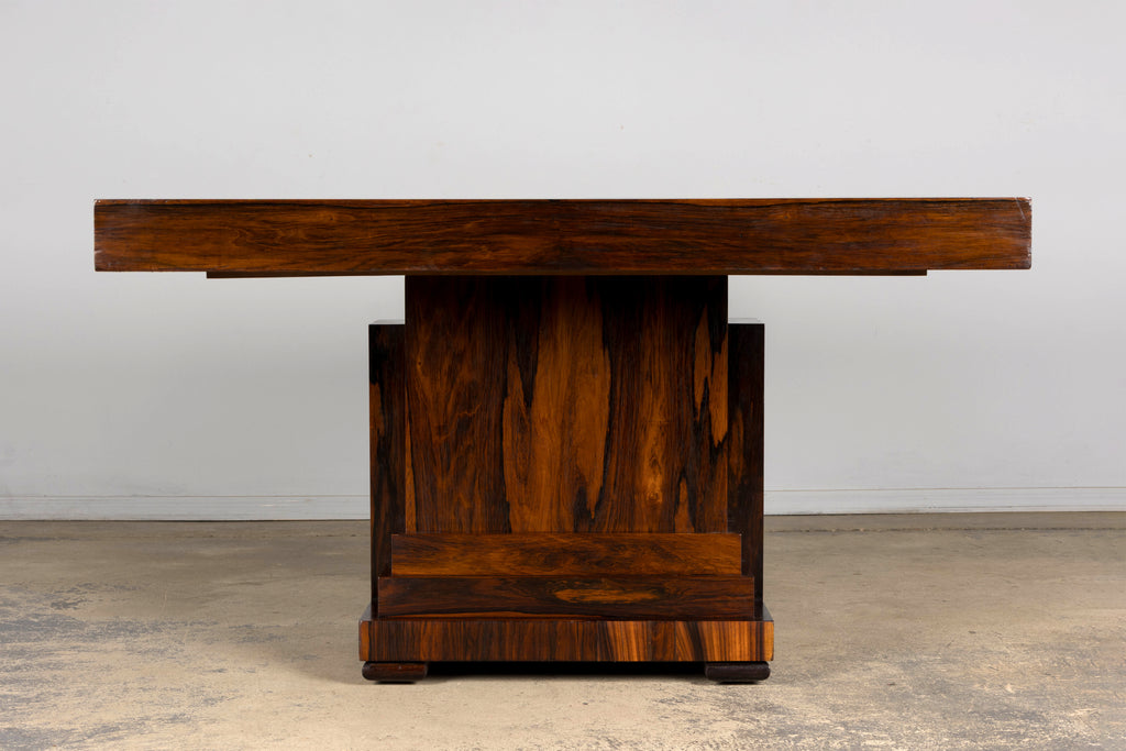 1930s French Art Deco Square Rosewood Dining Table with Architectural Pedestal Base