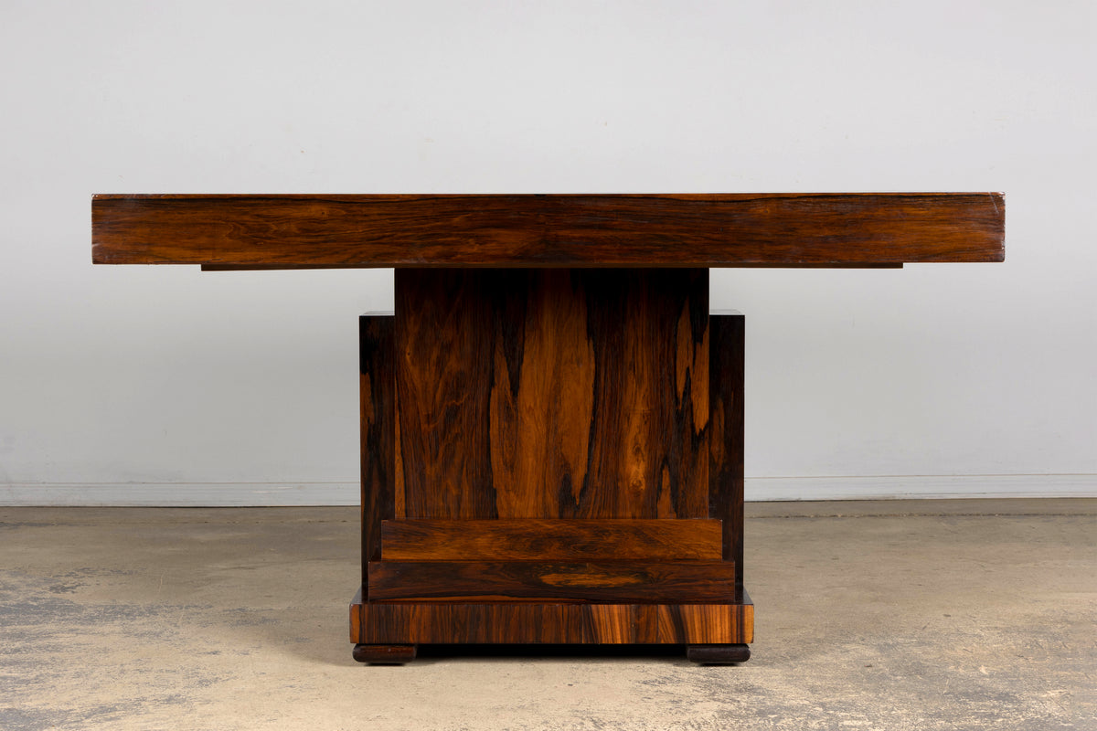 1930s French Art Deco Square Rosewood Dining Table with Architectural Pedestal Base