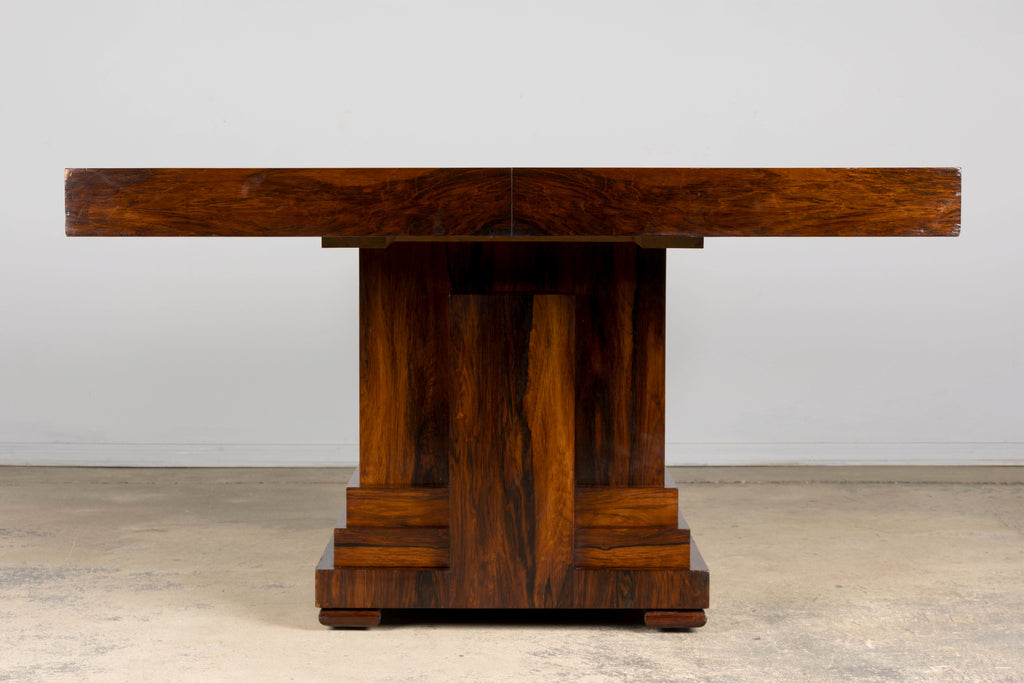 1930s French Art Deco Square Rosewood Dining Table with Architectural Pedestal Base