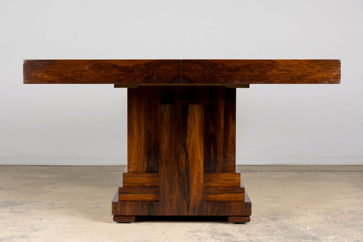 1930s French Art Deco Square Rosewood Dining Table with Architectural Pedestal Base