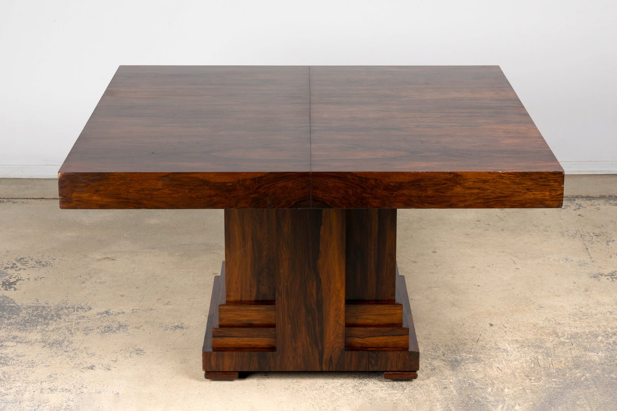 1930s French Art Deco Square Rosewood Dining Table with Architectural Pedestal Base