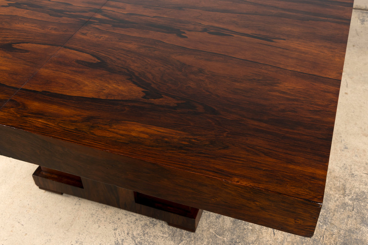 1930s French Art Deco Square Rosewood Dining Table with Architectural Pedestal Base