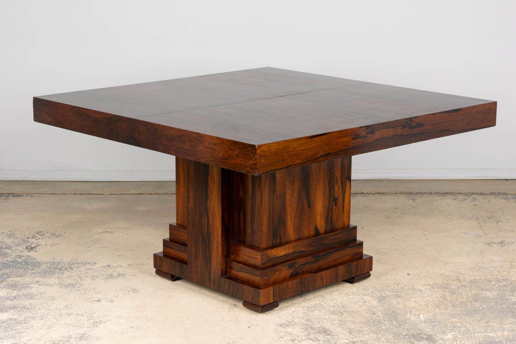 1930s French Art Deco Square Rosewood Dining Table with Architectural Pedestal Base