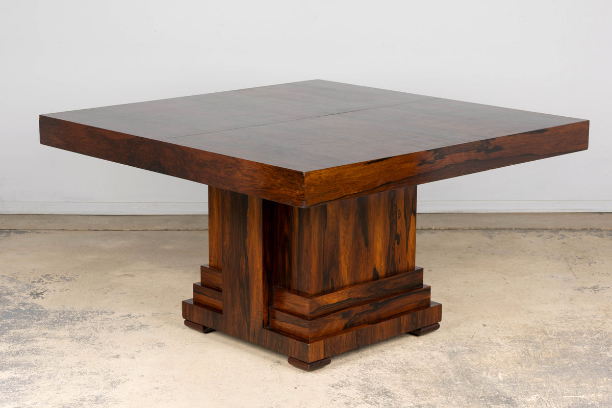 1930s French Art Deco Square Rosewood Dining Table with Architectural Pedestal Base